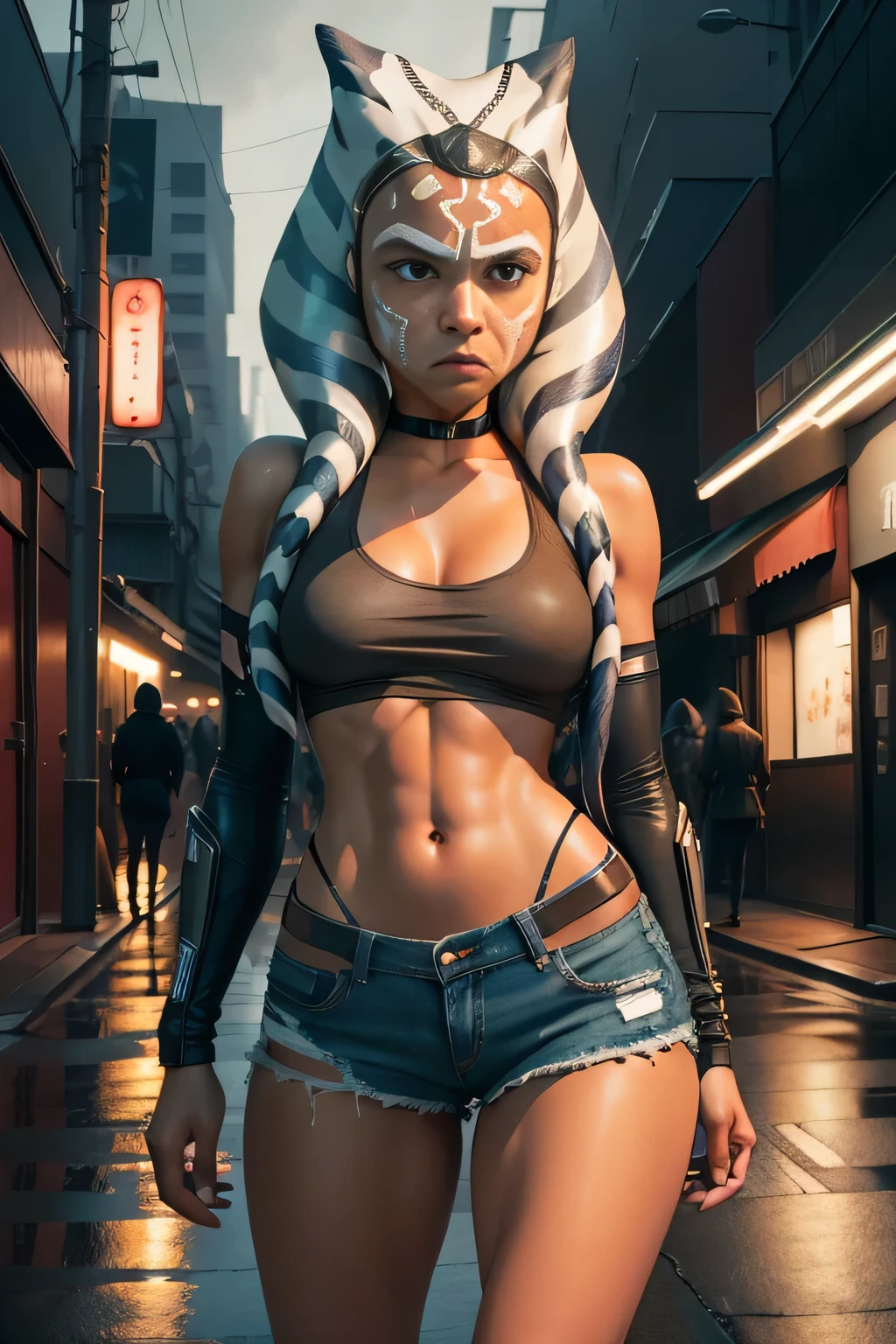 ahsoka tano, masterpiece , penetration, high resolution , professional lighting, Photo Studio, Girl 30 Years Old , alone, defenseless, wanted , fear expression, white ripped t-shirt , small breasts , leather jacket , ripped denim shorts open in the front , standing, seductive pose , two exaggerated thighs , lusciousness, heavy breathing, fear expression , Tokyo streets at night, dark alley , rain , 4K