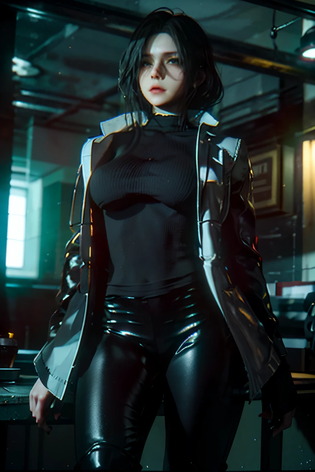 A highly detailed full-body character render of Ivy Vale, a 24-year-old woman from a survival horror universe. She has short, round-cut black hair, fierce eyes, and a determined expression. She wears a futuristic white lab coat with a red spiral cross-like symbol on her shoulder, representing the Vortex Corporation. Beneath the coat, she wears a sleek, form-fitting black shirt with a high collar. Her outfit is practical and slightly worn, with dark tactical pants and sturdy combat boots. Her posture is confident, holding a firearm ready for action. The atmosphere is dark and tense, with dramatic cinematic lighting highlighting her figure, suitable for a horror-themed video game.
