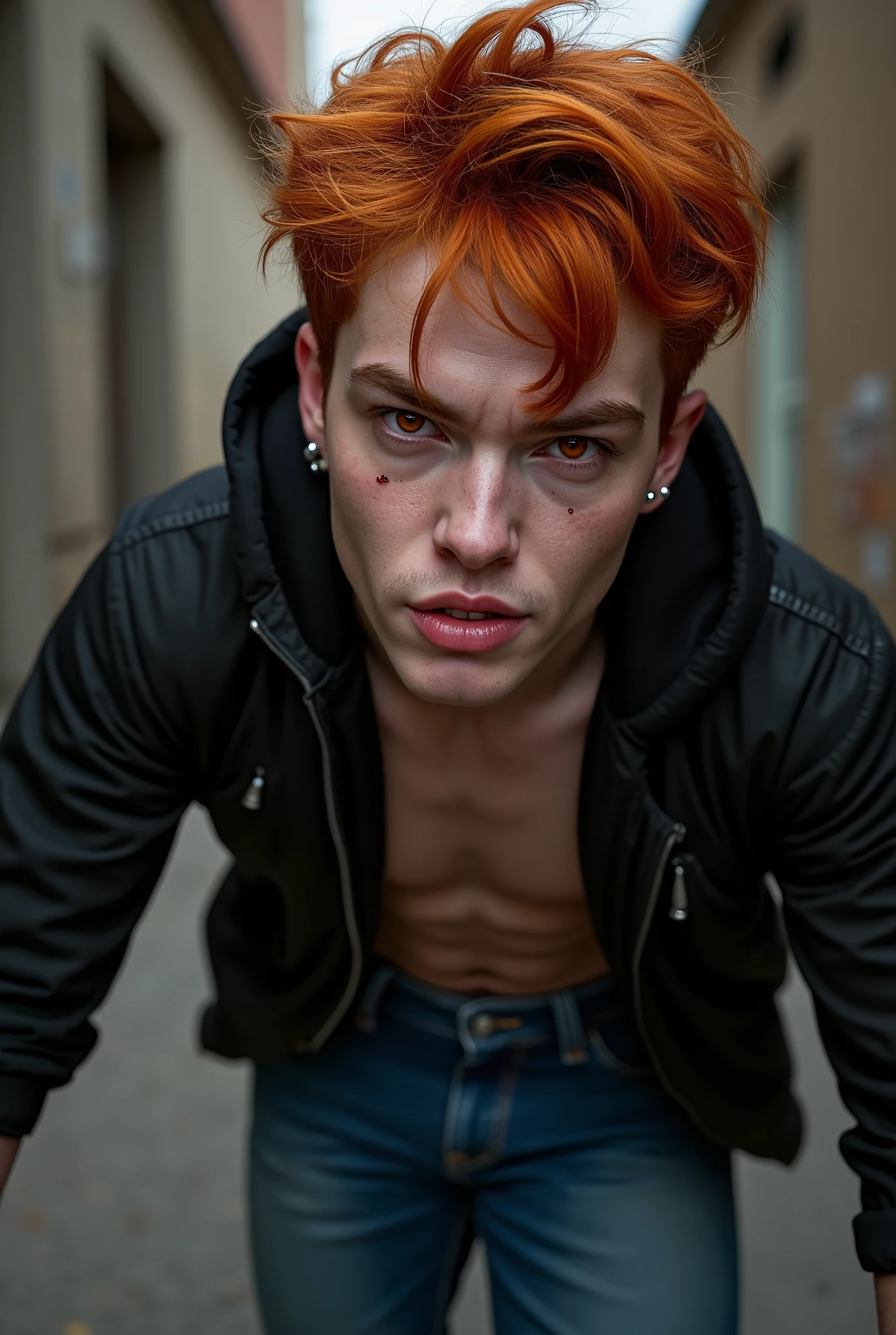 (high resolution, masterpiece, best work), a realistic portrait of a young boy in a slum alley stepping the viewer, 18 years old bad guy, looking seductively to the viewer, vivid-red haired, short hair, American features, red eyes, pale skin, possessive grin, evil face, wearing jeans and open jacket with a hood covering his head, a few tattoos on his body, little silver earrings, foot fetish, stepping the viever, realistic textures, (worm's eye view)