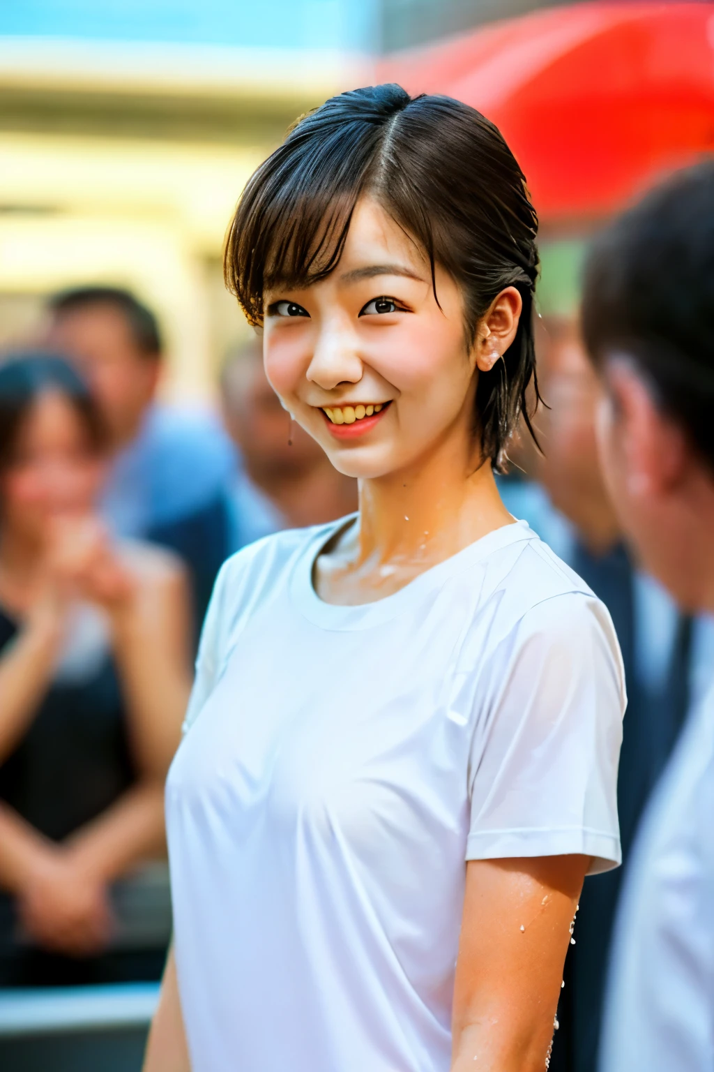 (nsfw:-2.0), ( realistic, photo- realistic:1.4), (Masterpiece, best quality :1.2), RAW photos , high resolution, intricate details, very detailed on trends, realistic and sharp details, Cinematic Lighting, portrait, ( upper body, Front view:1.3), look at the viewers, Alone, Japanese actress, ( T-shirt, shorts), pumps, ( big smile), dark haired, short hair, ( detailed face, detailed eyes, sophisticated nose on wedding day), blue-white skin, fine skin, during the 1shota exercise, Shiny Skin, ( wet shirt, No., Hidden nipples:1.3), Photo Background, Outdoors, downtown , alley, holiday, daytime,