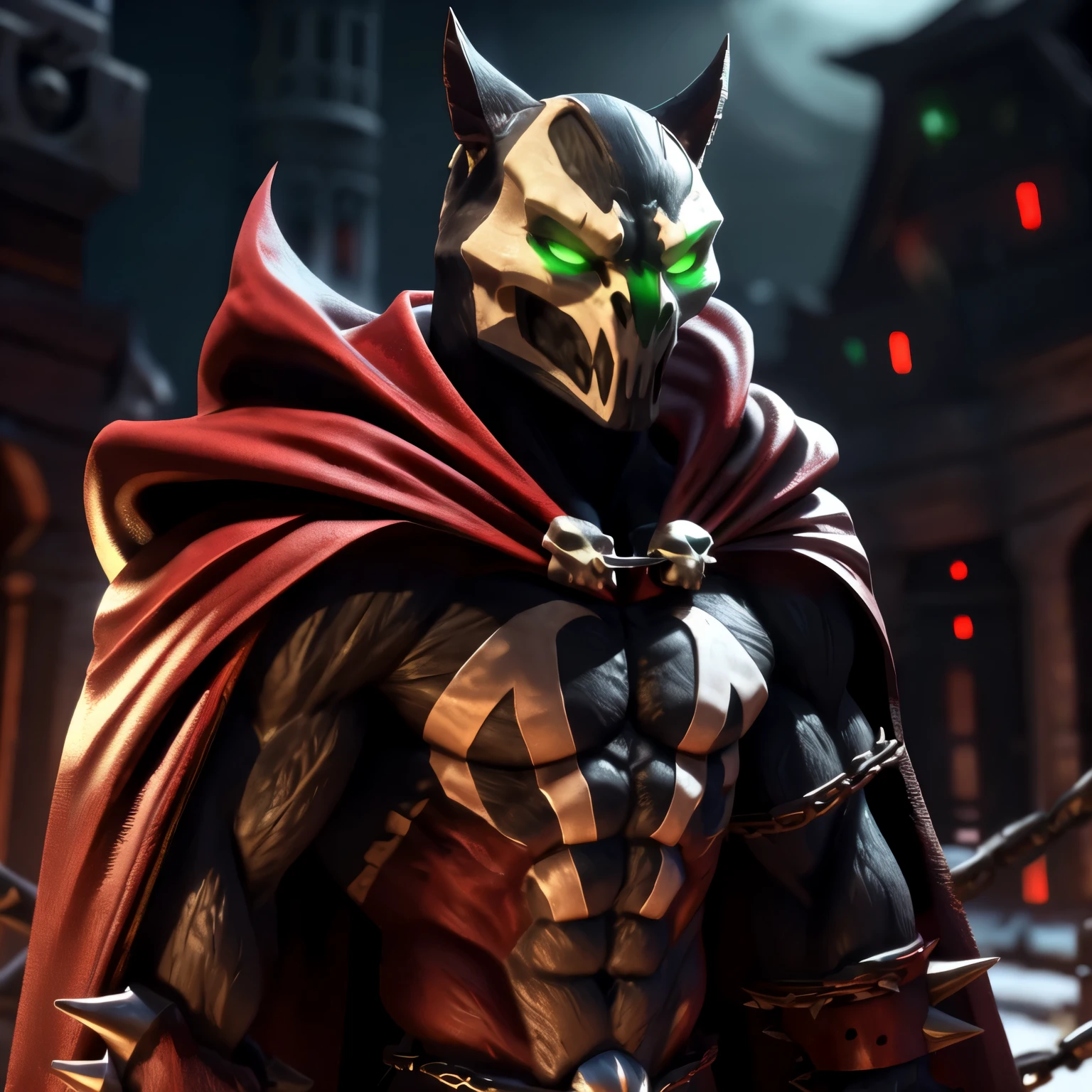 pixar style, closeup, focus on eyes, spawn2023, long red collar, red cowl, red cape, chains, skulls, glowing green eyes, textured suit, red gauntlets, spikes, dramatic lighting, 8k, muscular, uhd, best quality, award winning photo, rtx on, unreal engine 5, absurdres, long cape, large red boot, large gauntlet, flowing cape, asymmetrical red Armor, mask, night, dramatic lighting, epic red cape, wide shoulders, spike shoulders, silver chain, cgi