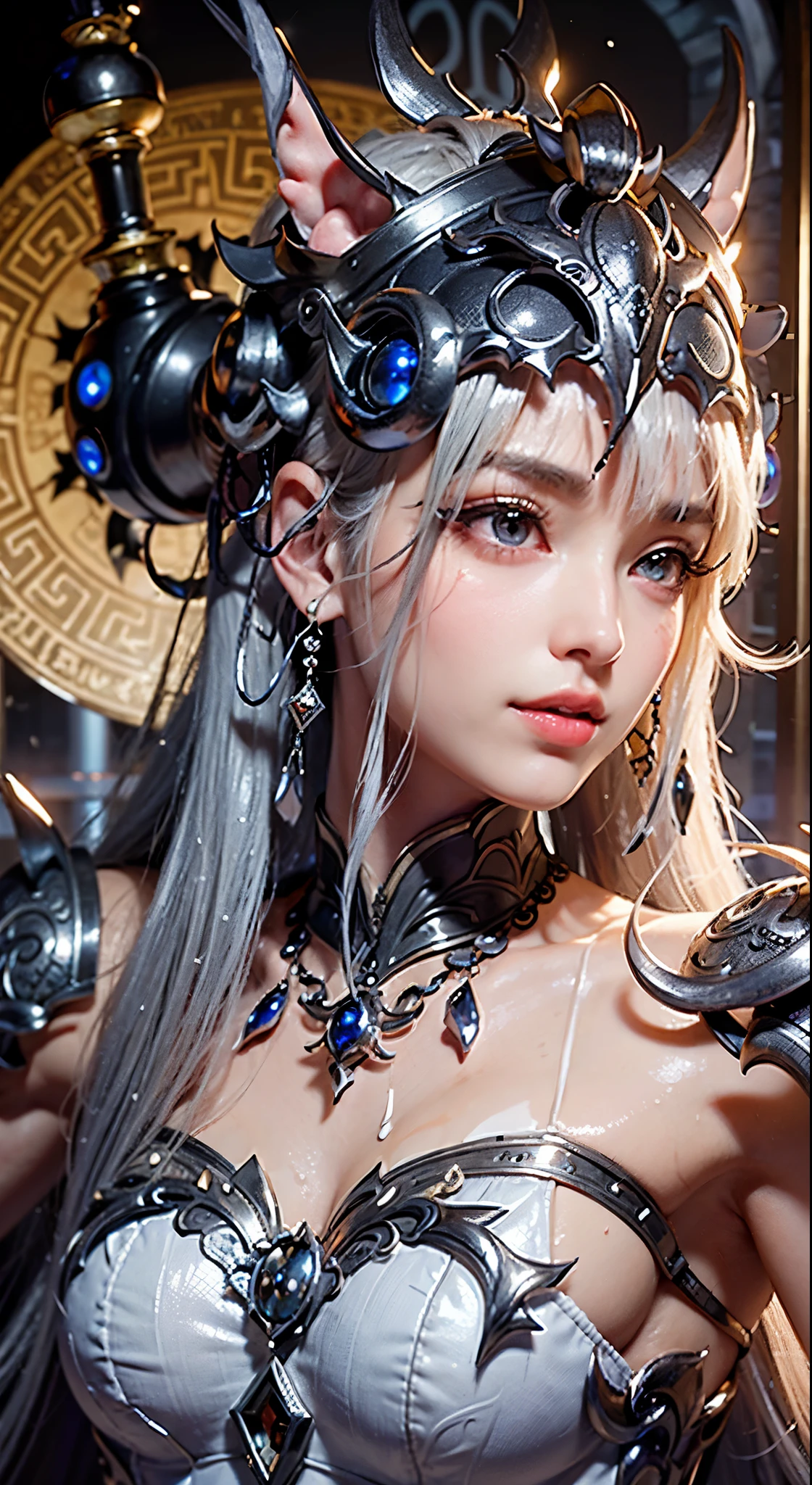 top-quality、masterpiece、超A high resolution、(Photorealsitic:1.4)、Raw photo、Mechanical Angel、large wings made of metal、White porcelain body、white hair、glowy skin、1 Mechanical Girl、((super realistic details))、portlate、globalillumination、Shadow、octan render、8K、ultrasharp、character edge light,Colossal tits、Raw skin is exposed in cleavage、Details of complex ornaments、Hydraulic cylinder、highly intricate detail、Realistic light、a purple eye、radiant eyes、Facing the camera、neon details、cowboy shot、Futuristic headgear、Sumerian details、Small LED lamp、