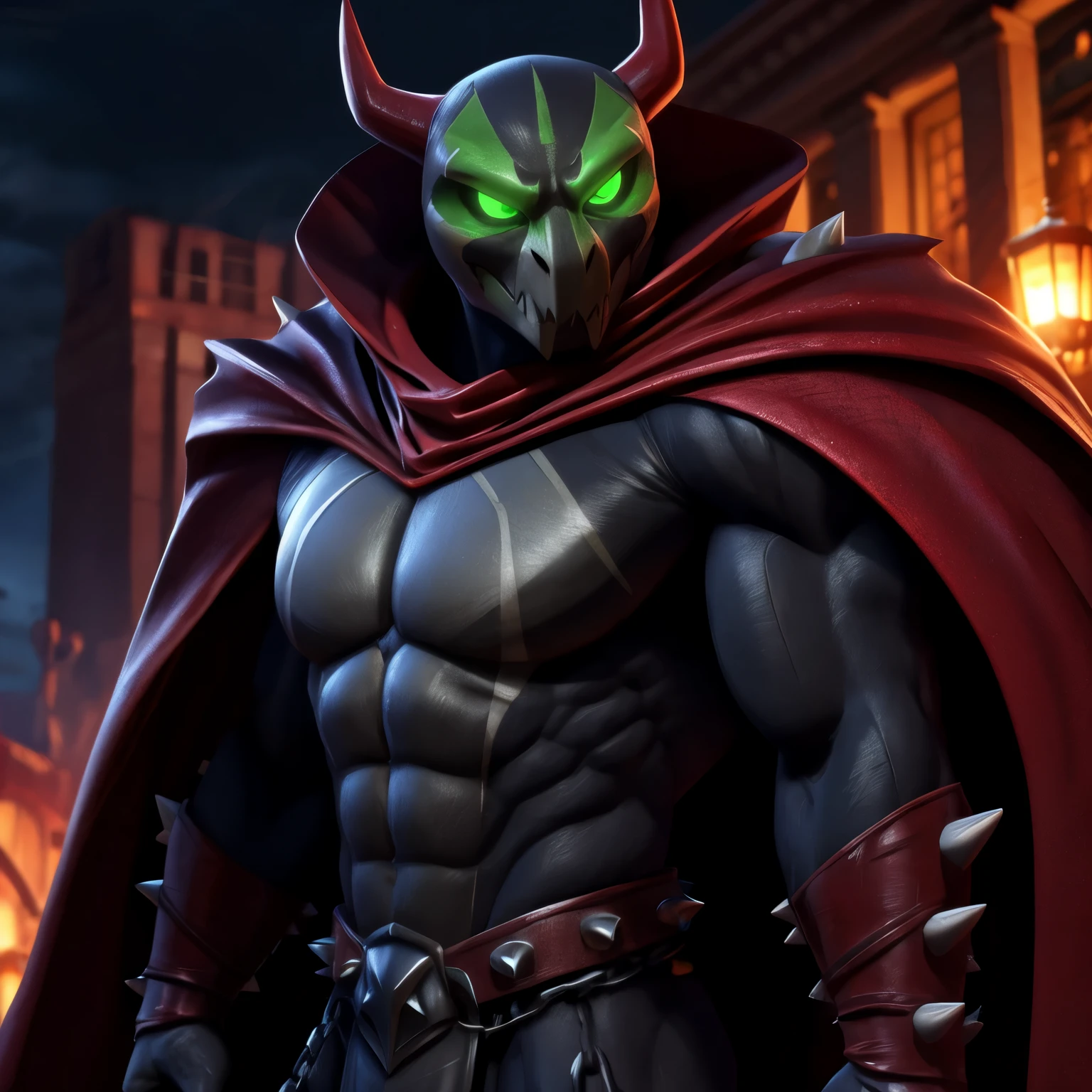 pixar style, closeup, focus on eyes, spawn2023, long red collar, red cowl, red cape, chains, skulls, glowing green eyes, textured suit, red gauntlets, spikes, dramatic lighting, 8k, muscular, uhd, best quality, award winning photo, rtx on, unreal engine 5, absurdres, long cape, large red boot, large gauntlet, flowing cape, asymmetrical red Armor, mask, night, dramatic lighting, epic red cape, wide shoulders, spike shoulders, silver chain, cgi