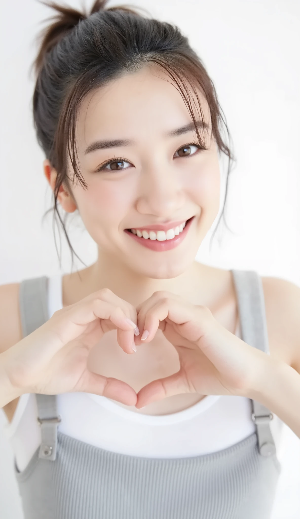 She wears a camisole and poses with her hands in the shape of a heart in front of her chest、 Cute Smile Up、 The background is plain、 HD、細部にわたって HD