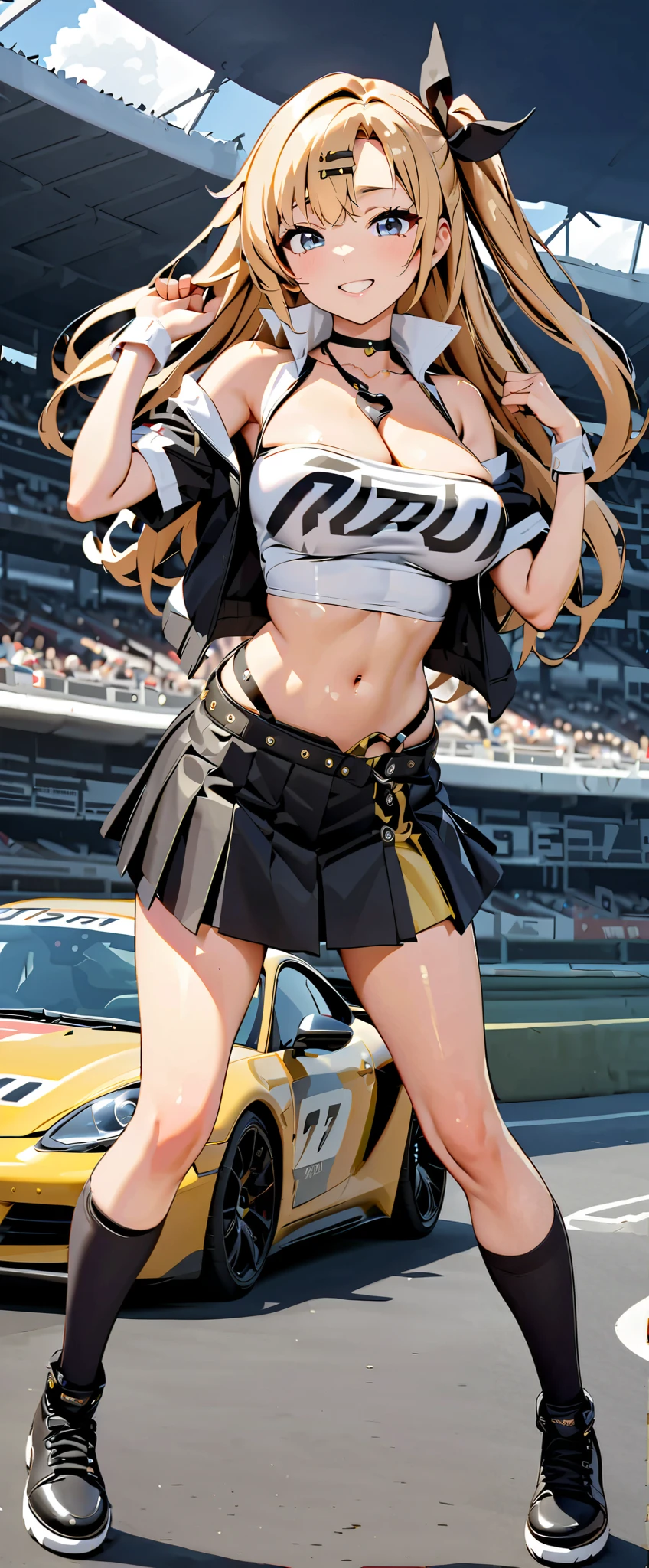  best quality ,  ultra high definition,  One person,   little chest,  black choker, smile,  exposes shoulders,  focus only ,  Audience ,Fair skin,Car racing track, photon mapping, Physically Based Rendering,  RAW photos ,  very detailed background , K-pop Idol , depth of field, hair ornament, detailed face, glowing skin, game cg,whole body, shiny micro mini skirt,shiny micro tube top, race queen,Big Breasts, cute pose ,Sports Car,Hold a jacket in your hand ,Gloss Lip
