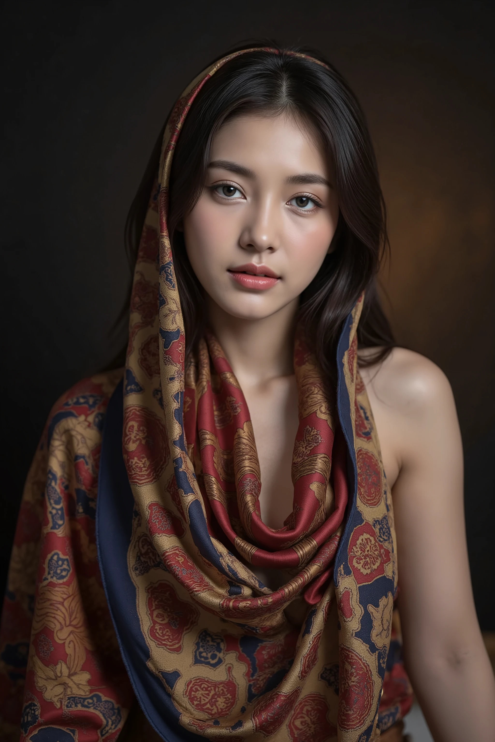 This is a highly realistic digital photo of an East Asian woman with fair skin and long, straight black hair. She wears a vibrant, patterned silk scarf draped over her head and shoulders, featuring intricate red, gold, and blue designs. Her expression is serene and slightly melancholic, with large, expressive eyes. The background is a dark gradient, highlighting her face and the colorful silk scarf. The photo is hyper-detailed, capturing the textures of the fabric and the softness of her skin.