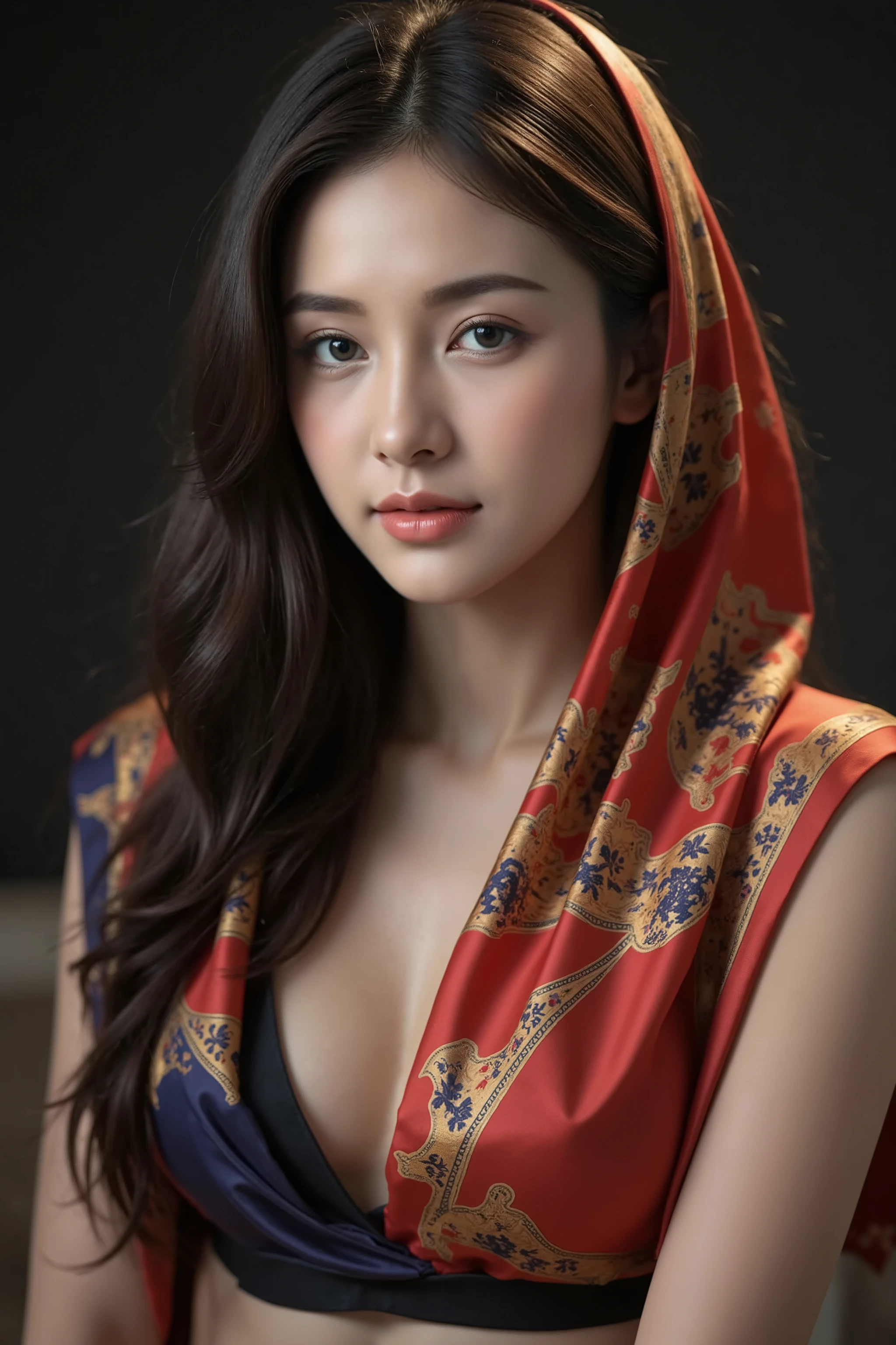This is a highly realistic digital photo of an East Asian woman with fair skin and long, straight black hair. She wears a vibrant, patterned silk scarf draped over her head and shoulders, featuring intricate red, gold, and blue designs. Her expression is serene and slightly melancholic, with large, expressive eyes. The background is a dark gradient, highlighting her face and the colorful silk scarf. The photo is hyper-detailed, capturing the textures of the fabric and the softness of her skin.
