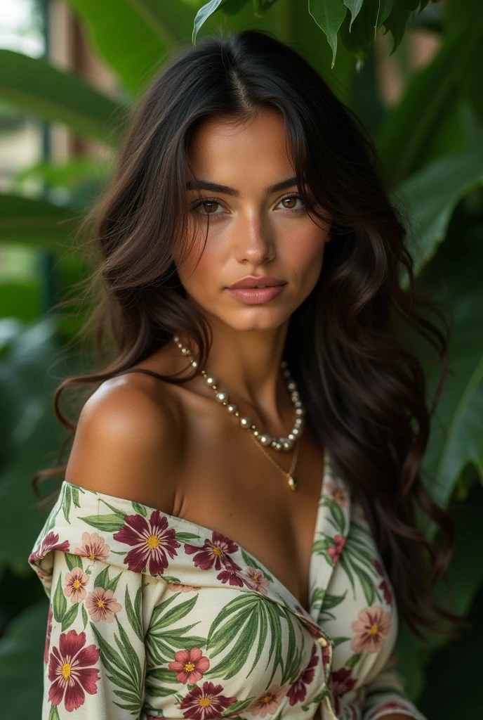 A Brazilian woman in a lush tropical garden, wearing an open shirt with a floral print, with a close-up capturing the harmonious beauty between her breasts and the natural flowers, showing off your natural charm and outgoing personality.