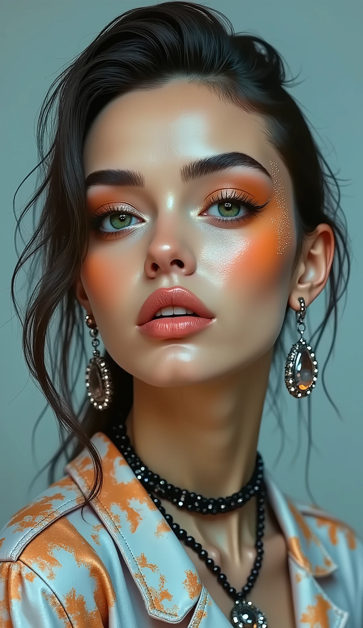  Full body medium profile general plane :1.5,    looking at the camera , ,  Of a woman with orange makeup and long eyelashes ,   bright green eyes ,   bright green eyes s, verdes eyes,  shades of orange and black   ,  big and detailed eyes , orange pupils,  Ojos de carbón  rounds , fluffy orange skin,  cara de melocotón  round , Pop makeup style,  the locks on her face  , shades orange and blue   ,   ORANGE SHADES  ,   big and detailed eyes  ,  Ojos  rounds,  round eyes and beautiful slanted eyes full and kissable lips ,  round