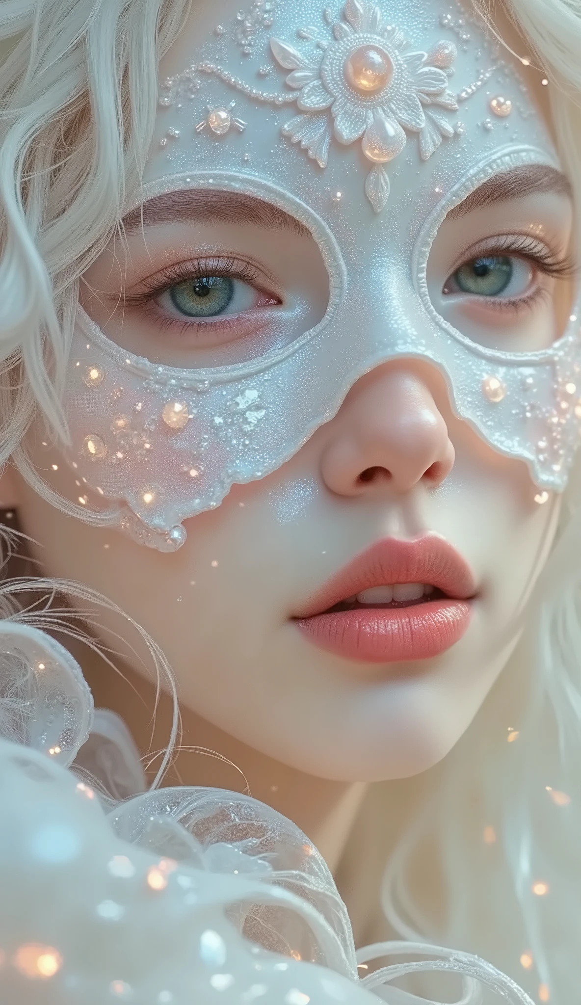 Close-up of a woman with white hair and white mask, beautiful figure painting , Guvitz, Guwiz style artwork, White haired god, Yang J, epic and fine character art , awesome character art, Fan Qi, Wu Jun Shifan, guwiz in pixiv art station , ( Not suitable for work: 1.0)