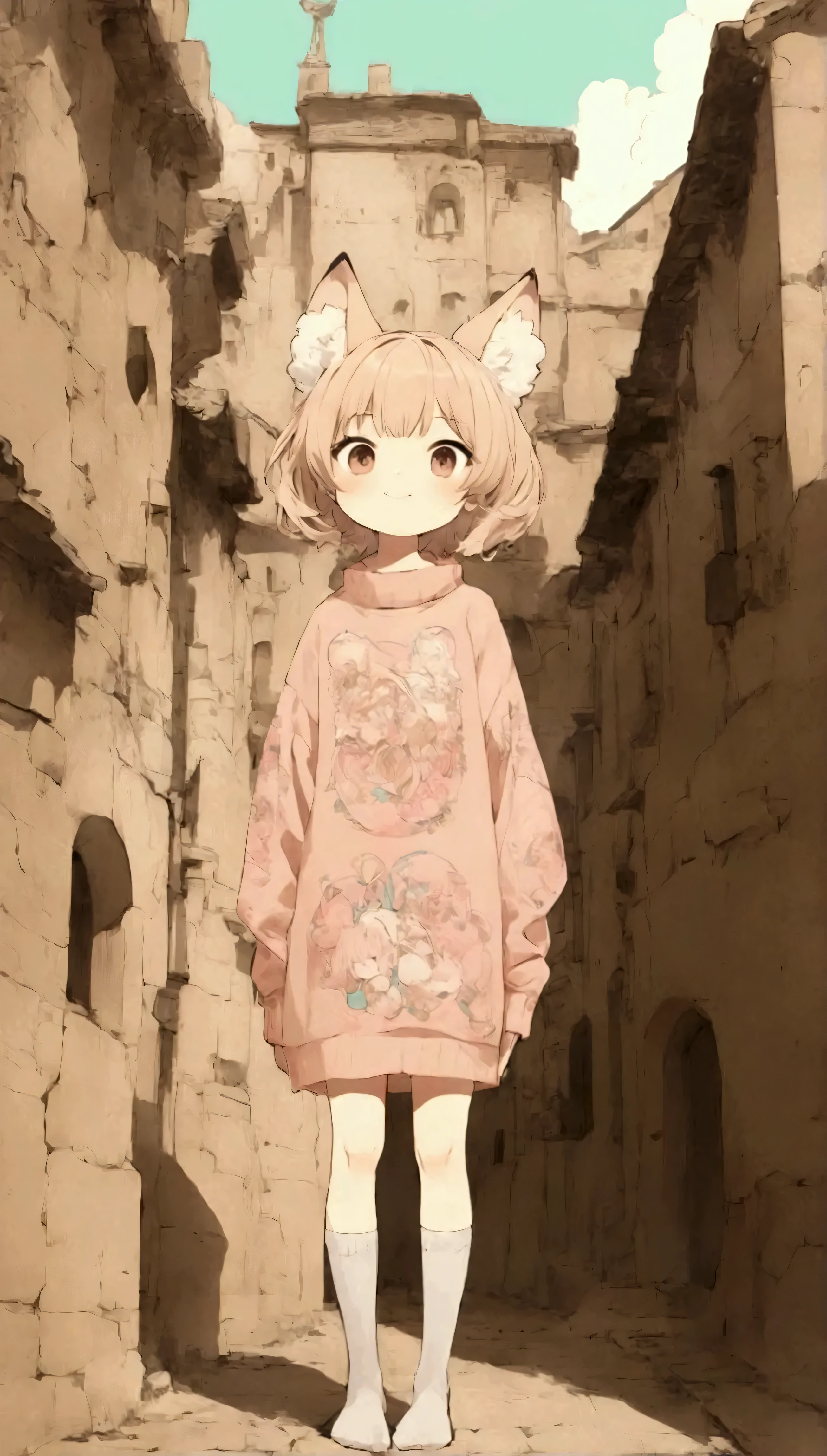 Quite strong deformation、 cute anime girl with small head and body 、 cute fox ear smile 、Bold poses、 As cute as a dream 、Sickly cute、 simple oversized pullover 、 knee-high socks 、Ancient city background 、 poster style 、flat-colors、 Carefully calculated 、 arranged motifs 、HIGH QUALITY DESIGN 、 kitschy aesthetics