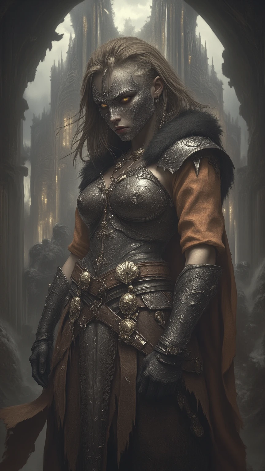 cinematic photo, 1girls, <lora:Lae-zel:0.65>, (night, cyberpunk city background), lae-zel standing in full armor + armored leather miniskirt + brown hair + (medium hair), intimidating expression + [[green]] skin + (skin markings), wide hips, full body pinup, [_:full sharp, detailed face, (detailed eyes + slit pupils + sharp teeth):.24], (absurdres, highliest quality, best quality:1.2), . 35mm photograph, film, bokeh, professional, 4k, highly detailed