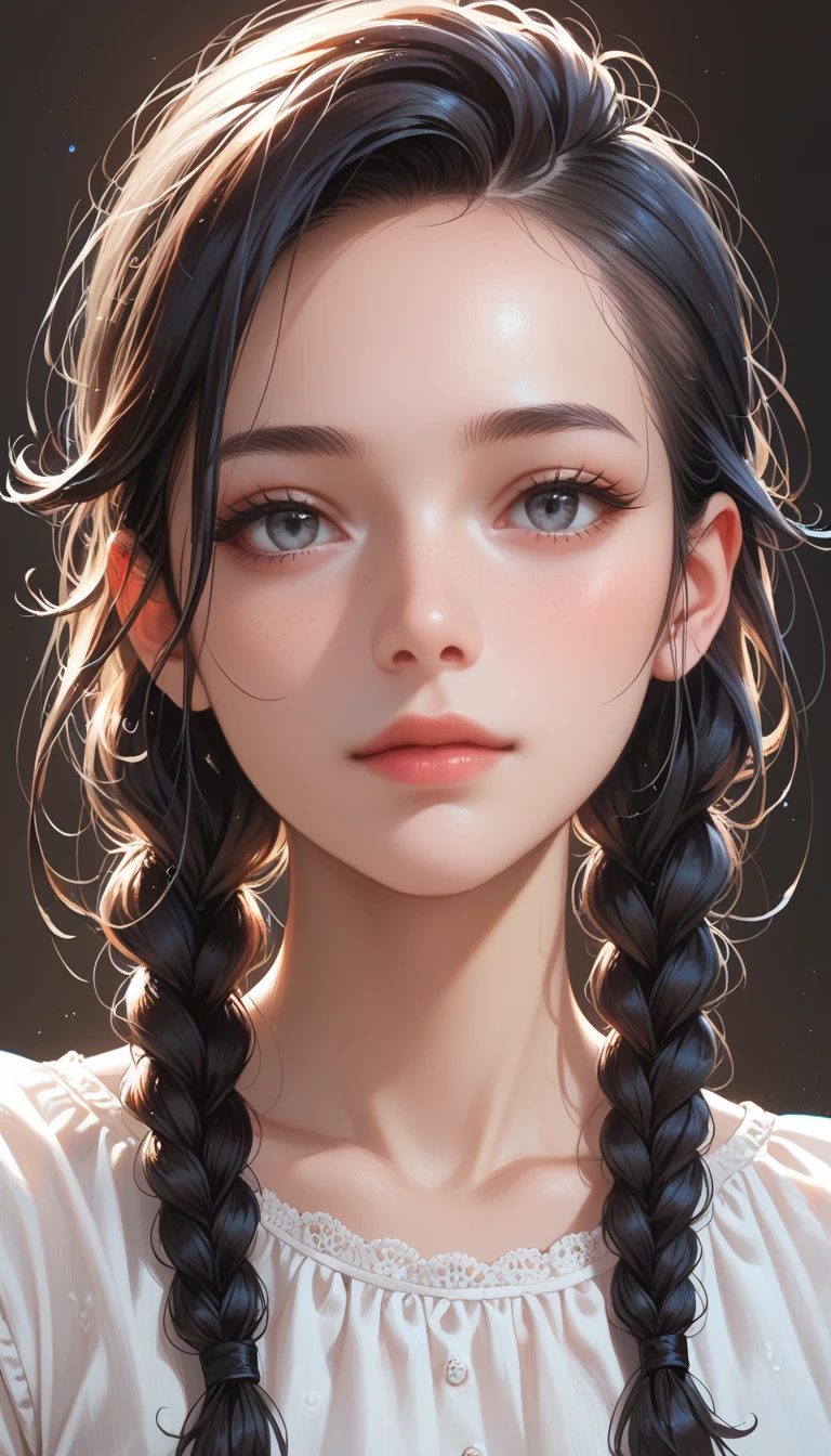 masterpiece, solo, highly detailed, ultra-detailed, ultra high res, (photorealistic:1.333), (best quality), (best shadow),detailed, perfect lighting, dark brown hair, very long hair, braids, [face freckles], (blue eyes), choker, smokey make up,  close up, portrait, in a royal palace bath hall,