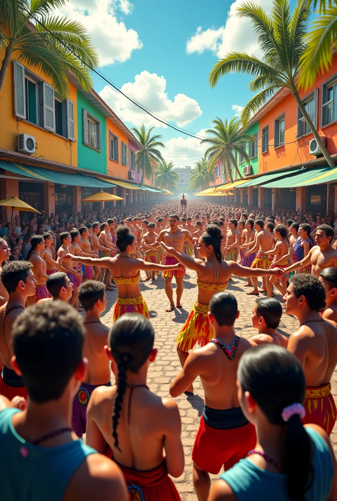 a very beautiful and sweaty 25 year old Timor naked girl, thick hairy armpits, muscular abs, raising her arms high while being carried and kissed by two young men