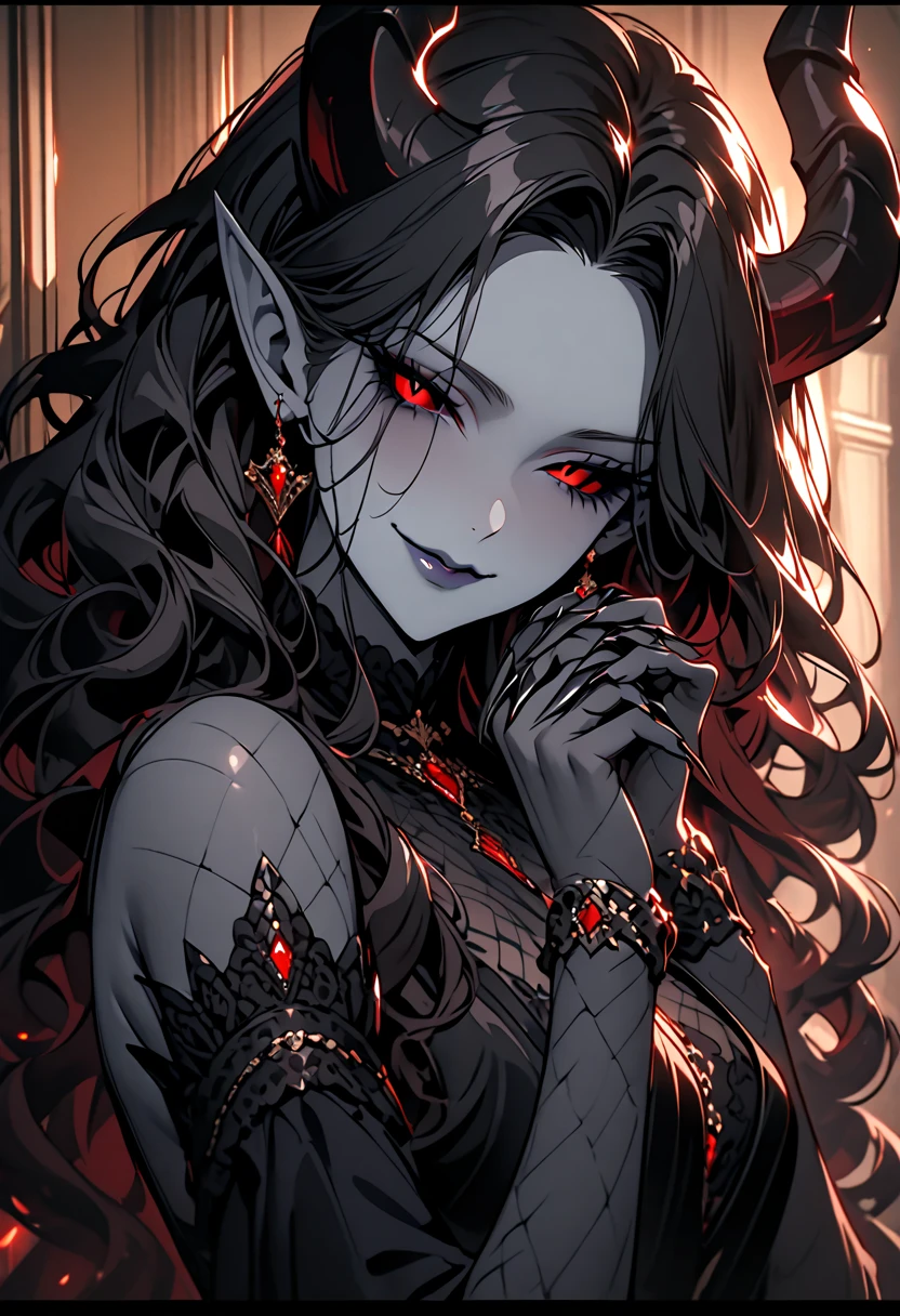 solo, female, close up, demoness, black sclera:1.4, slender, ballroom, elegant, cocktail dress, stately mansion, sexy, friendly smile, long wavy hair, warm lights, black hair, red eyes, grey skin, clawed hands, dark grey skin, long pointed ears, large demonic horns, seductive, arrogant, jewelry, luxurious, intimate hug, close to viewer, female kabedon, pov