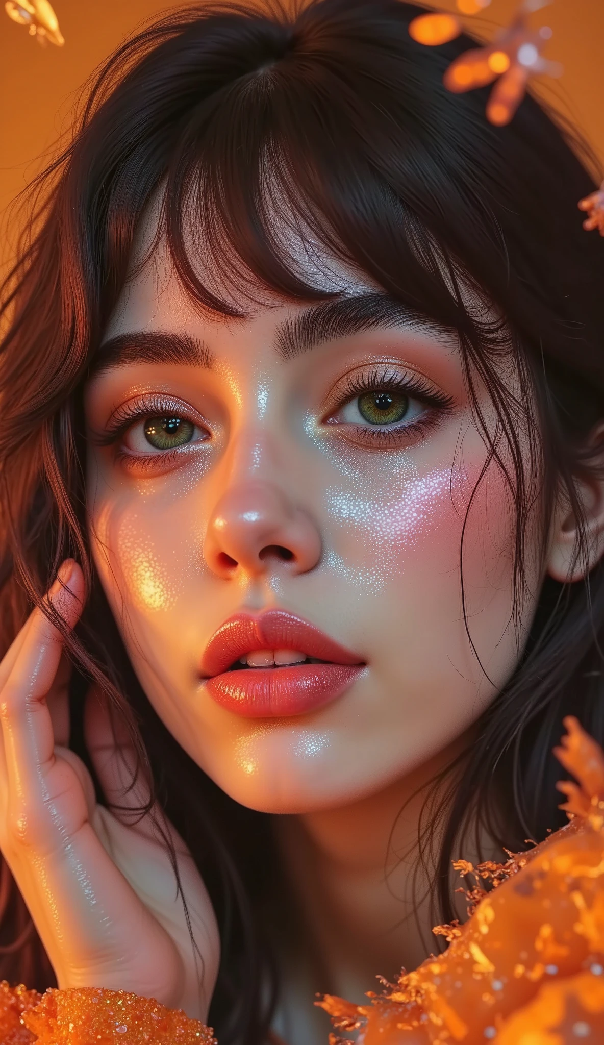 Plane grand general full body half profile:1.5, looking at the camera , , Of a woman with orange makeup and long eyelashes , bright green eyes , bright green eyes s, verdes eyes, shades of orange and black , big and detailed eyes , orange pupils, Ojos de carbón rounds , fluffy orange skin, cara de melocotón round , Pop makeup style, the locks on her face , shades orange and blue , ORANGE SHADES , big and detailed eyes , Ojos rounds, round eyes and beautiful slanted eyes full and kissable lips , round