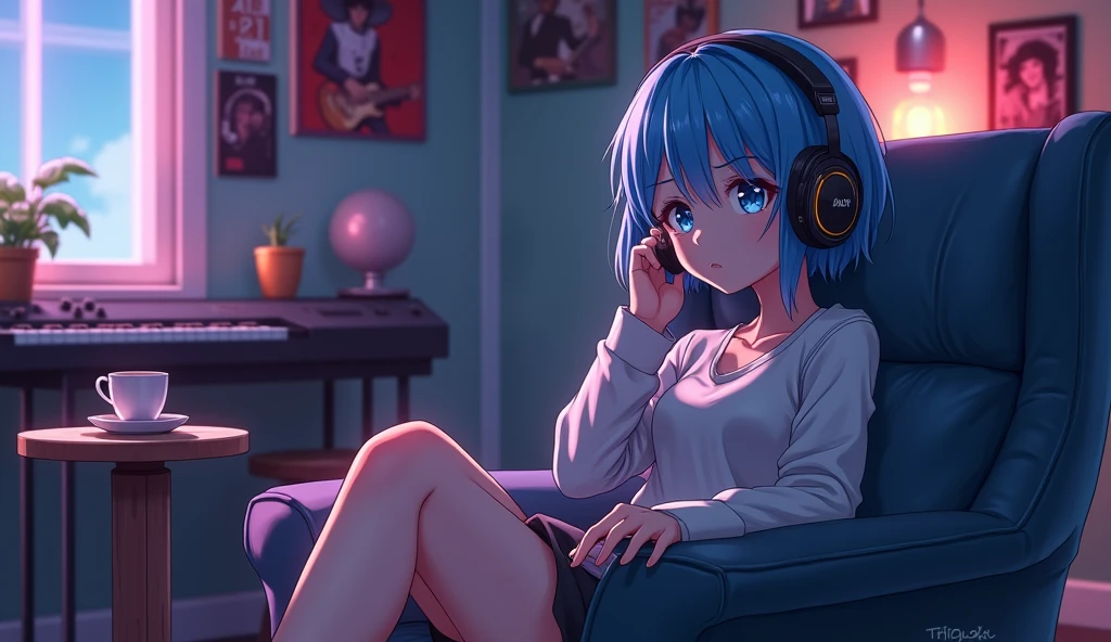 A young anime character bright blue hair in a Chanel cut at shoulder length, with elongated tips on the front (beak style ), and catchy blue eyes . She is in a cozy and modern room , decorated with colored LED lights on the walls , band posters and a musical keyboard in a corner . The character is seated in a comfortable armchair , wearing large headphones while listening to music , with a quiet and dreamy expression . Next to her , there is a small table with a cup of coffee and a smartphone , and the soft light of the decoration gives the environment a warm and contemporary air .