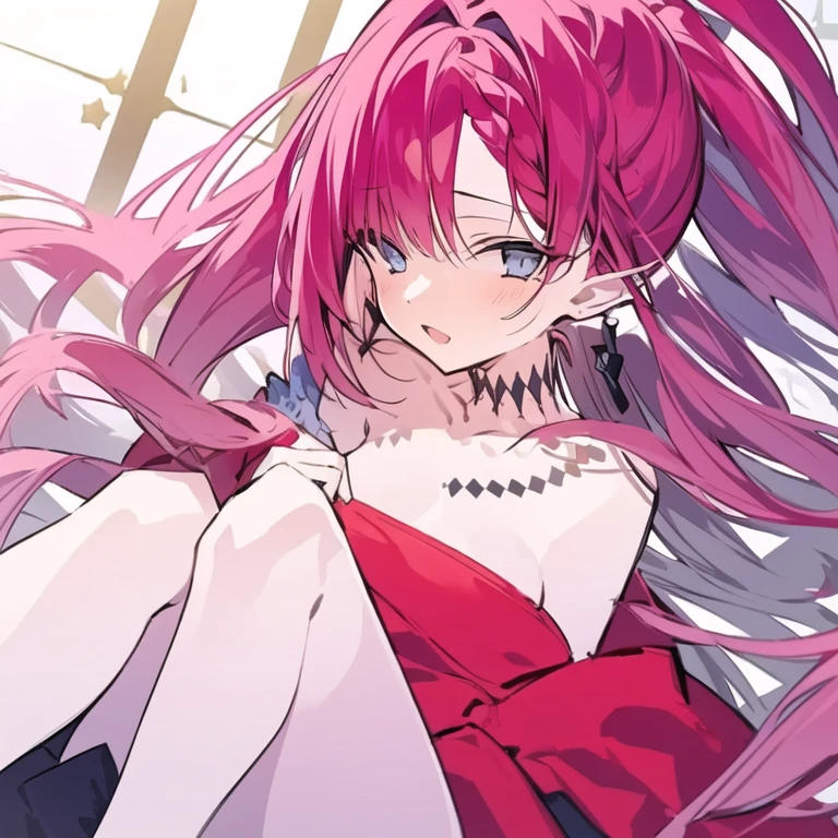 zero two \(Dear not Franxx\), Dear not Franxx, 1 girl, bangss, Biting in, from behind, lying down, bed-in, ombre, greeneyes, antlers, long hair, gazing at viewer, breasts small, big-ass, make up, Red Jumpsuit, pink hair, red eyeombre, stretched skin, standing alone