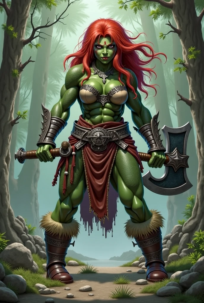 Young orc woman, female orc, chubby, fearsome, walking in the forest, overweight, dirty hair, ((green skin)), skin imperfections, skin dentation, detailed eyes, big saggy breasts, wide hips, round belly, sharp Focus, ultra high quality, crazy details, intricate pose, ((wearing dirty linen dress)), tribal tattoos, dirty clothes and skin, deep cleavage, 8k uhd wallpaper, masterpiece, photography, comic artwork, 2D, hyperrealistic, interesting shooting angle, orczor, shewoworc, naz_grandmight, view from side, detailed eyes