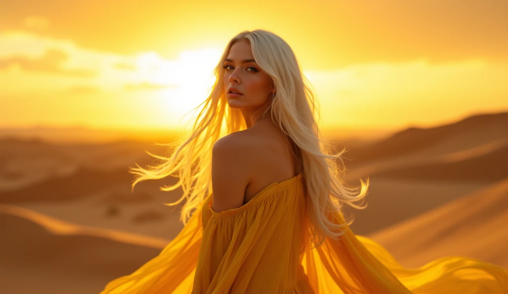 goddess with a fair skin, golden eyes, sexy, long and  yellow hair, wearing a golden long gown, with a desert and fire background 