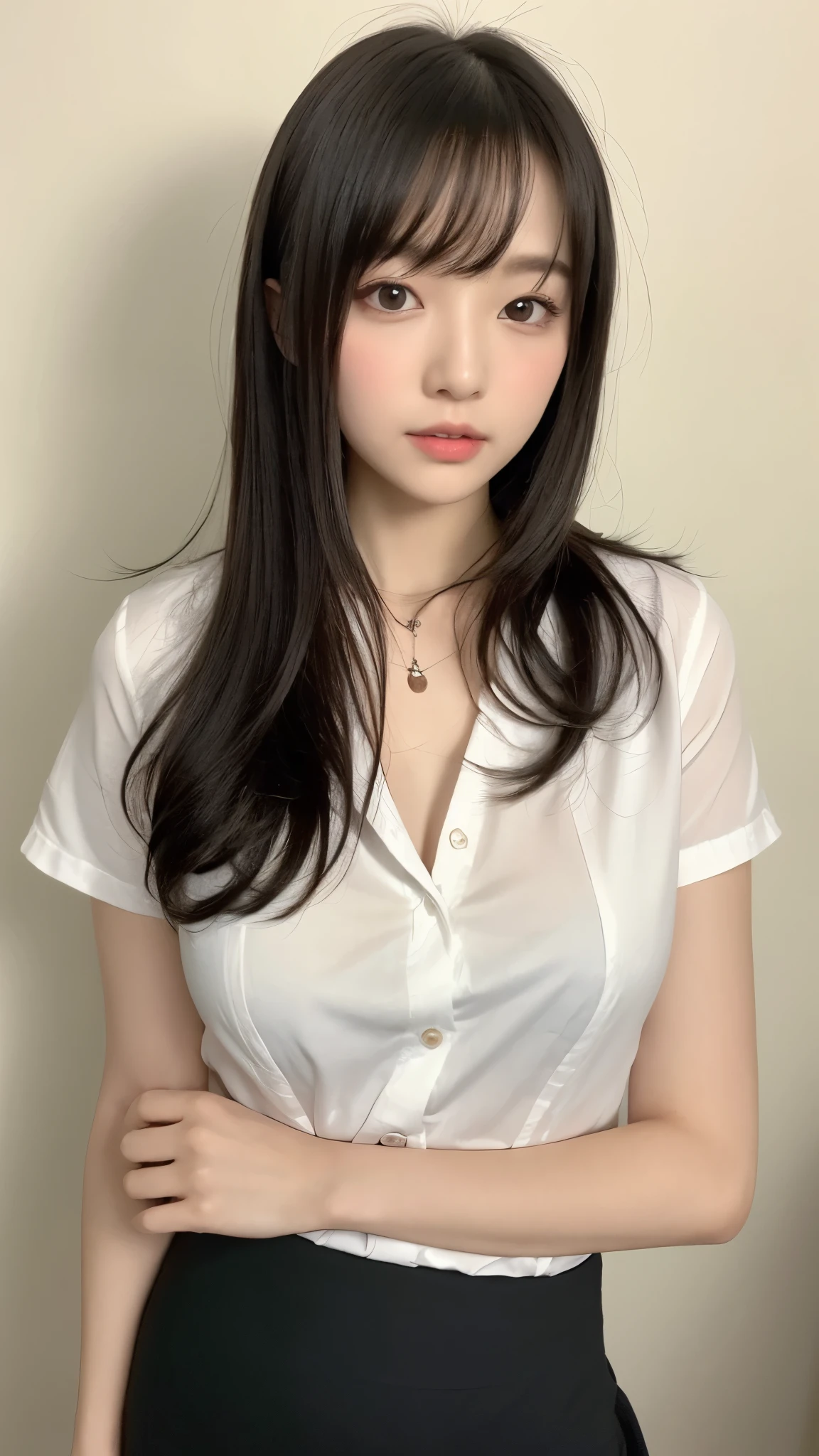 (( best quality , 8k, masterpiece :1.3)), (( Super Big Breasts )), (((whole body)))、 black hair,OL、Office Background、 dull bangs, hair behind the ear , hair hanging over shoulders, long hair, Ultra Fine Face, Thin face, Delicate lips, beautiful eyes, Light blush,Perfect glowing skin, perfect skin,Look here, white Y shirt、 black skirt、I don't wear piercings、 first-person view, Super Details ,