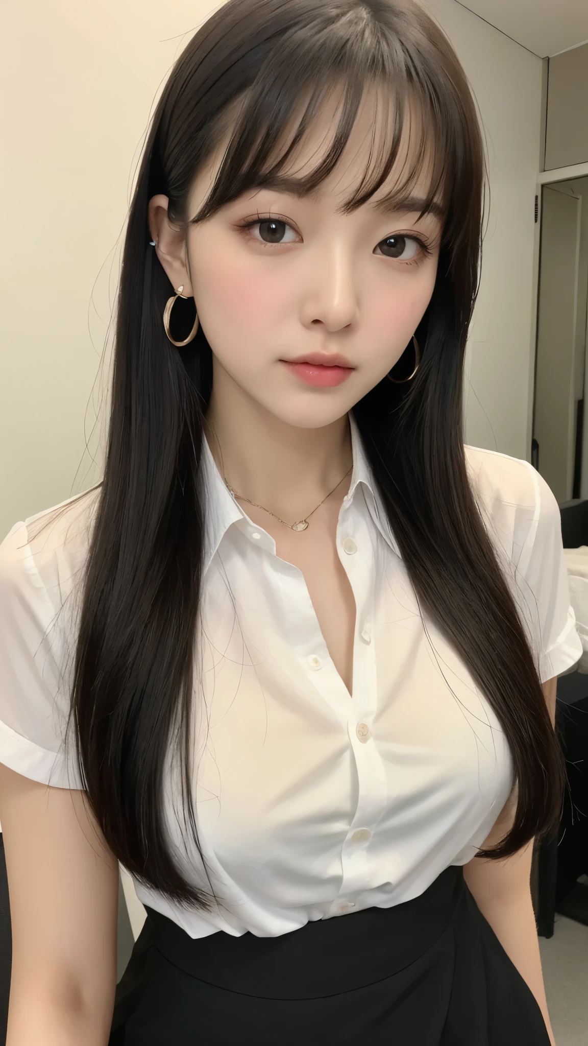(( best quality , 8k, masterpiece :1.3)), (( Super Big Breasts )), (((whole body)))、 black hair,OL、Office Background、 dull bangs, hair behind the ear , hair hanging over shoulders, long hair, Ultra Fine Face, Thin face, Delicate lips, beautiful eyes, Light blush,Perfect glowing skin, perfect skin,Look here, white Y shirt、 black skirt、I don't wear piercings、 first-person view, Super Details ,