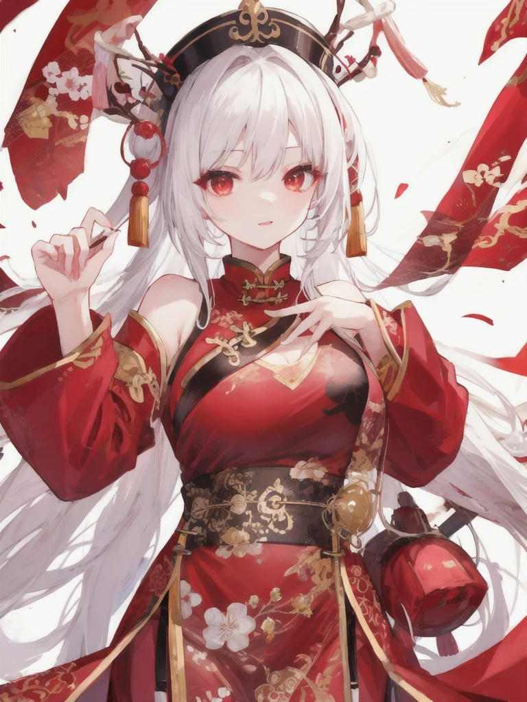 white snow hair,red pupils,very stunning,Petite and cute little sweet girl,Soft and waxy texture of pink clothes,Inlaid with gold trim