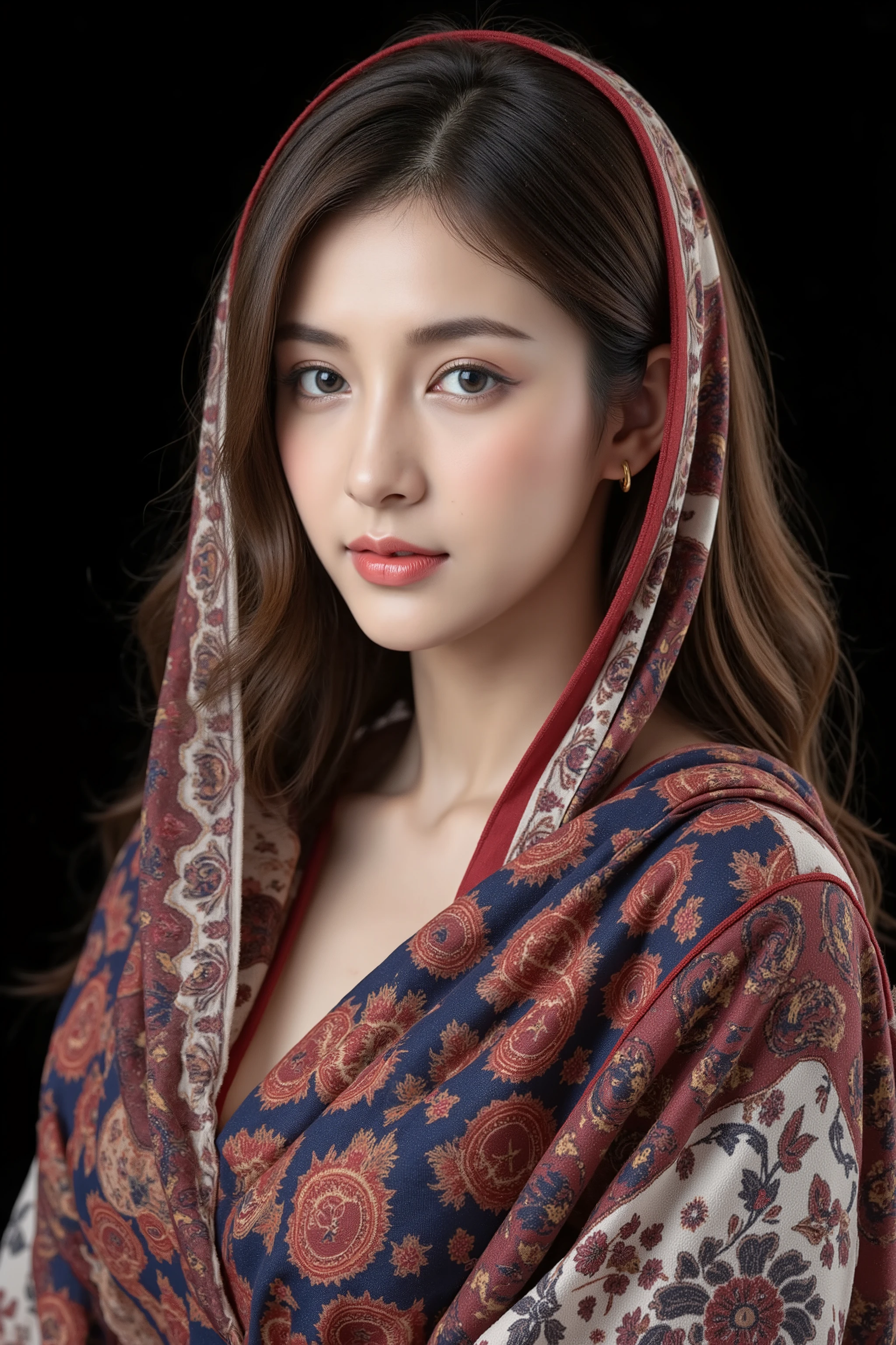 This is a highly detailed, realistic CGI image of a young East Asian woman with fair skin and delicate features. She has dark brown hair styled in loose waves, partially covered by a red and blue patterned headscarf matching her elaborate, multicolored scarf draped over her shoulders. Her makeup is subtle, emphasizing her large, almond-shaped eyes with dark eyeliner and mascara, and her lips are a soft pink. The background is a solid black, making her vibrant attire and serene expression stand out. She wears small, golden hoop earrings, adding a touch of elegance.