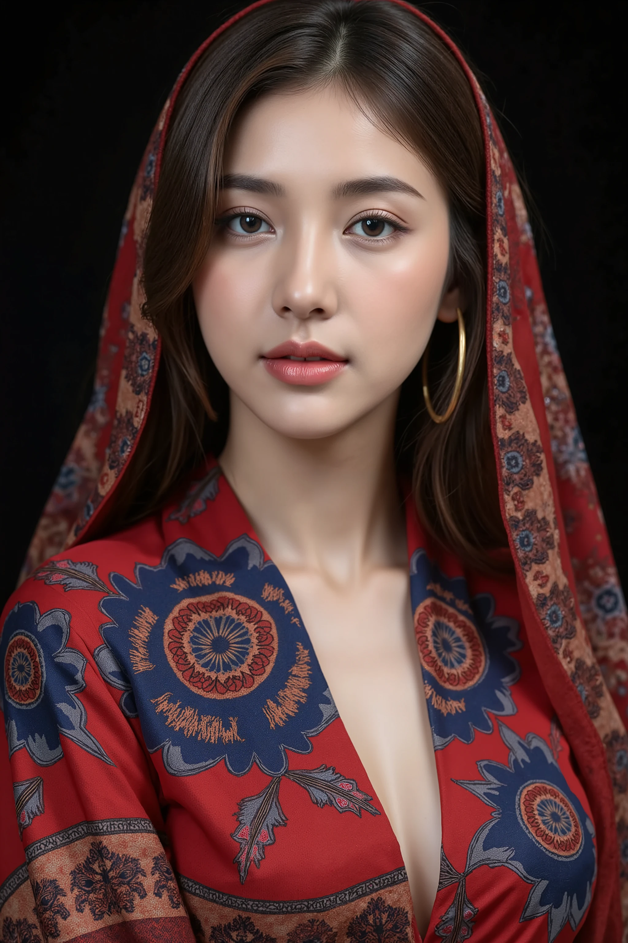This is a highly detailed, realistic CGI image of a young East Asian woman with fair skin and delicate features. She has dark brown hair styled in loose waves, partially covered by a red and blue patterned headscarf matching her elaborate, multicolored scarf draped over her shoulders. Her makeup is subtle, emphasizing her large, almond-shaped eyes with dark eyeliner and mascara, and her lips are a soft pink. The background is a solid black, making her vibrant attire and serene expression stand out. She wears small, golden hoop earrings, adding a touch of elegance.