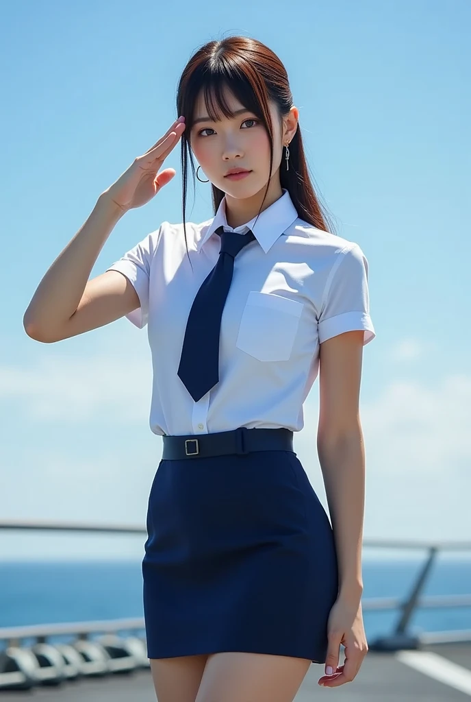 Highest quality、8K、Best image quality、Award-winning works、Korean、（2 girl :1.5）、solo、Beautiful skin with a radiant glow、masterpiece、Top quality、Ultra-high definition、Depth of Field、Lens flare、、black hair、Gaze at the audience、Medium chest、Airline stewardess、（blue Airline stewardess：1.3）、shirt、Short ivory skirt、（Black YSL heels）、Perfect legs、Model pose、Smile。