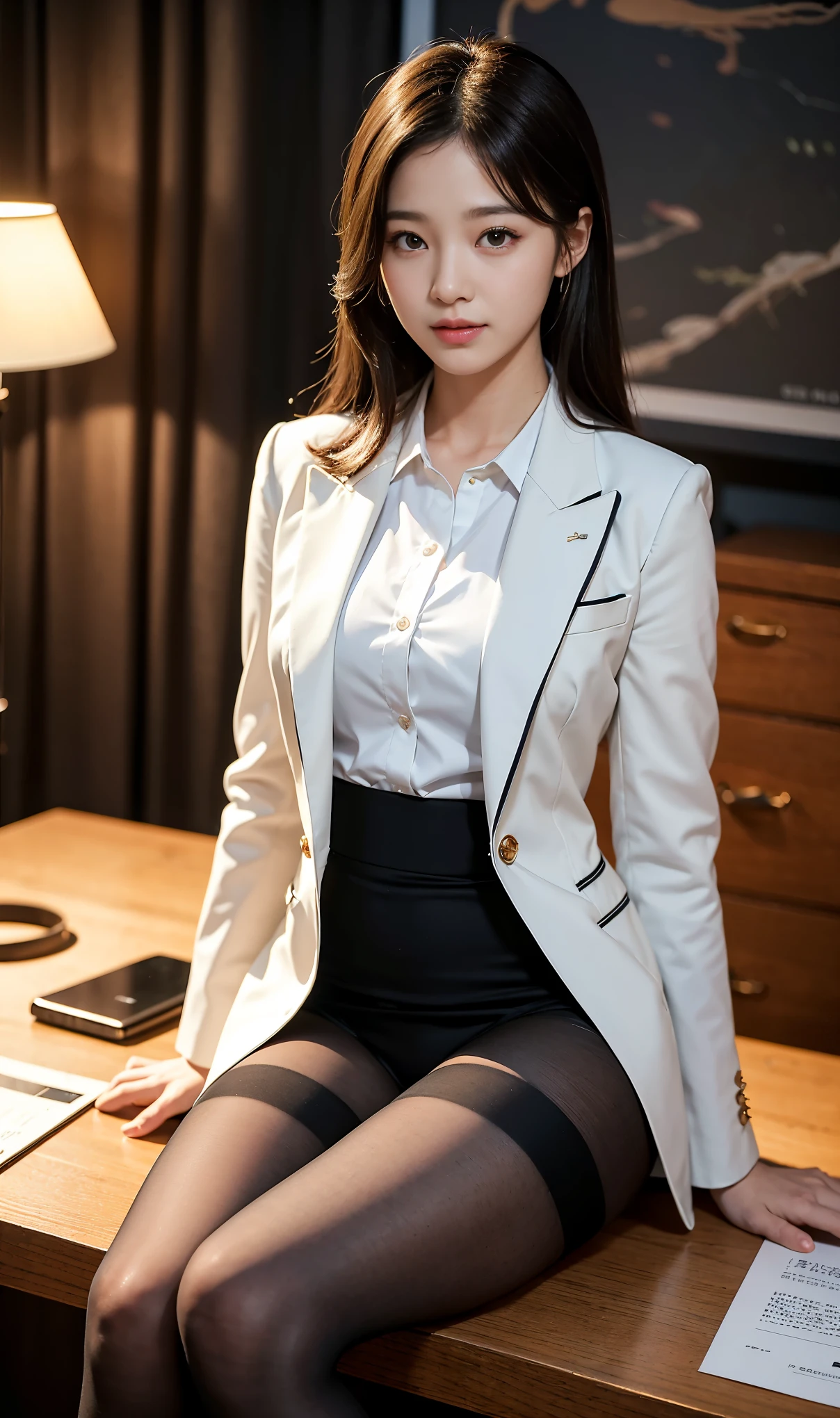 (Top quality, 8K, 32K, Masterpiece, hyper HD: 1.2), 1 girl, beautiful japanese woman, Thin waist, Shiny skin, white suit, Open jacket, Office Lady, suit, Mini skirt, Office, desk, (Spread legs: 1.2), Fine face, Short hair, rain on her face, mouth open