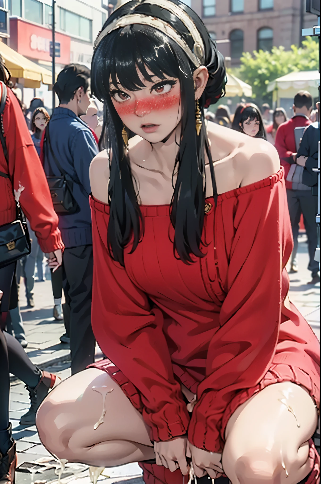 masterpiece, best quality), high resolution, intricate details, extremely detailed, solo, 1girl, full body, (, black hair, short hair with long locks, bangs, sidelocks, white hairband, red eyes, ((off-shoulder sweater, red sweater:1.5)), long sleeve, pantyhose, short boots, collarbone), detailed face, detailed eyes, (ashamed, super very blush,ecstasy), (squatting with spread legs apart, leaning forward, hands between legs:1.2), (cum out pussy self:1.4), (cum puddle), outdoors, shopping mall, ((man crowd in background:1.5)),(cum in pussy:1.3),forger , sexy, horny, black hair, straight long hair, ,White cum out pussy self,peeing,yor,sweater dress
