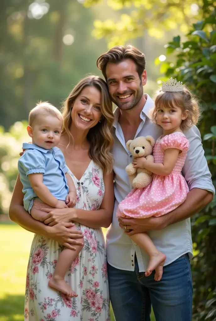 **Family Photo Description**

The captured photo is a scene of happiness and family love. clear e Lucas estão radiantes, with wide smiles as they are surrounded by their two children.

**clear** is dressed in an elegant floral summer dress, which highlights its beauty and simplicity. She holds Cedric, who is one year old, in your arms. Cedric wears a light blue outfit with small patterns, matching with white shoes. He's smiling at the camera, with a curious and charming look.

**Lucas** está ao lado de clear, with a casual outfit of linen shirt and jeans. He's smiling too, com um braço ao redor de clear e o outro livre, so that you can be close to Catharina and Cedric. 

**Catharina**, with three years, is standing next to Lucas, dressed in a pink dress with white polka dots and a small tiara in her hair. She is holding a teddy bear and looking at the camera with a happy smile and a twinkle in her eye..

The scenery in the background is a lush green garden, decorated with colorful flowers, reflecting the happy and welcoming atmosphere of the family. the sun illuminates the scene, creating a warm and vibrant atmosphere. The image conveys a sense of unity and love, showing the happiness and contentment of the family as they celebrate life together.