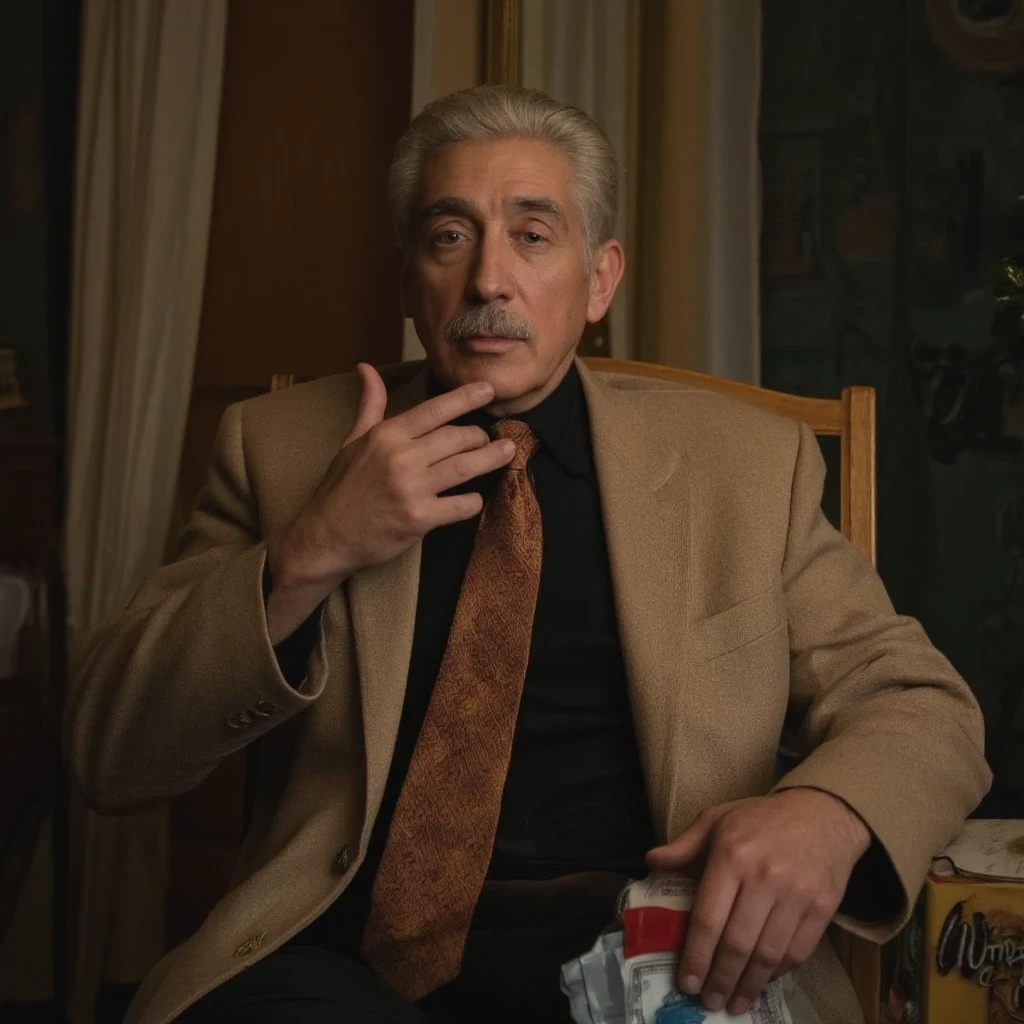 +_+, (An 80-year-old man with nasolabial folds on his face: 1.3), white mustache, black suit, short white hair at the ends, long brown red tie, beige jacket, two fingers in front of his face, Werther's Original, sitting in the chair, bright eyes, morinaga, crying