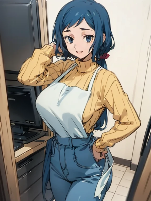 (Masterpiece), Best Quality, ultra-detailed, 1girl (rinko_iori, Slender and sexy body, big and pretty breasts, dark blue hair, long wave hair, blue eyes), smile,parted lips, facing viewer, looking at viewer, solo, yellow turtle neck sweater, apron(black), denim pants, in the store, standing, Sexy waist teasing