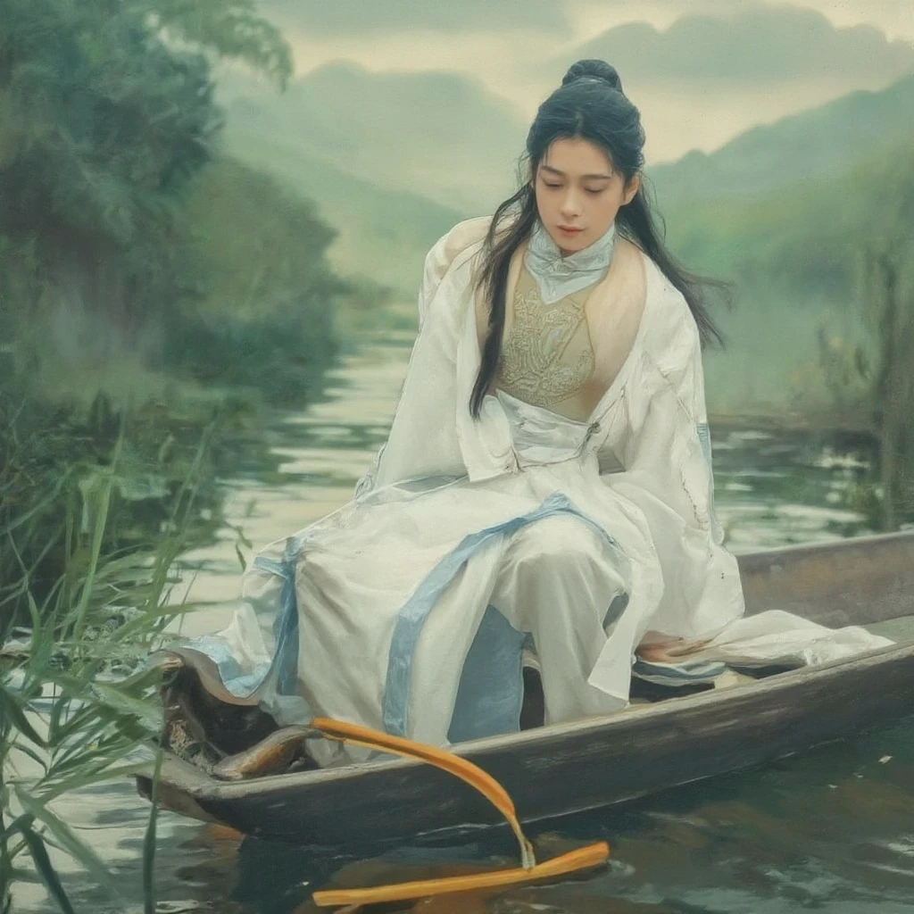 arafed man in a straw hat sitting on a boat, cai xukun, hanfu, chinese style, white hanfu, inspired by Bian Shoumin, inspired by Liu Jun, with acient chinese clothes, inspired by Huang Gongwang, inspired by Gu An, inspired by Chen Daofu, inspired by Xiao Yuncong, inspired by Wu Bin