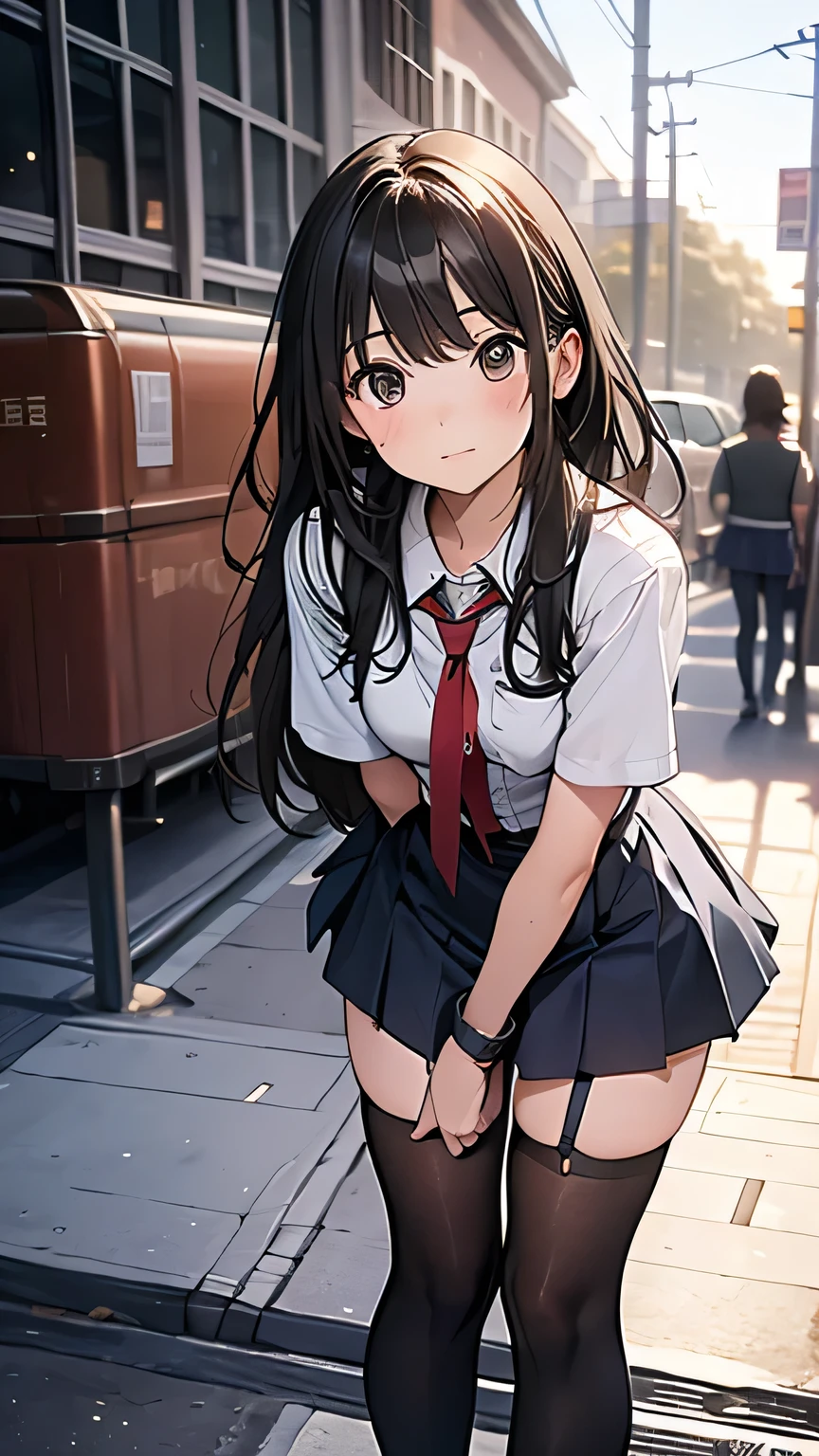 NSFW,4K,Gal:1.3,Anatomically correct,school uniform:1.3,A pure and innocent girl, Very cute face, Like an idol, (masterpiece:1.2), (high quality), panties, loose socks, Hip, Blue Skirt, alone, Blazer Type, loose socks, Lifting clothes, Brown eyes, pure gaze, mini skirt, Lift yourself up, Check skirt, blush,((Mid-chest)), (Sweating profusely), Long Hair, physical education, Beautiful legs, ((in the train))