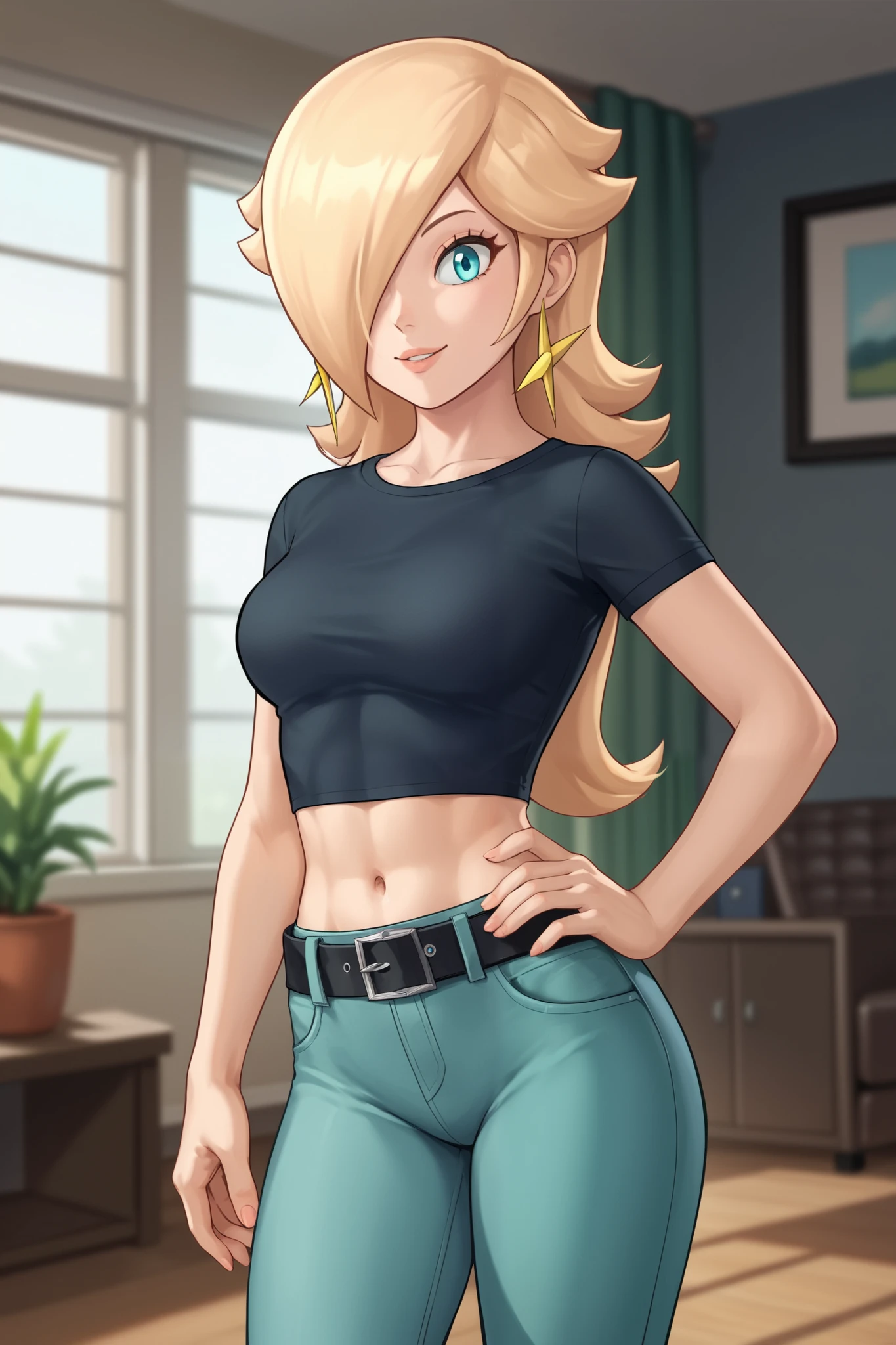 score_9, score_8_up, score_7_up, source_anime, rosalina, blonde hair, blue eyes, hair over one eye, long hair, star earrings, solo, cowboy shot, black t-shirt, taut clothes, tight shirt, midriff, navel, jeans, black belt, smile, hand on hip, arm support, indoors
