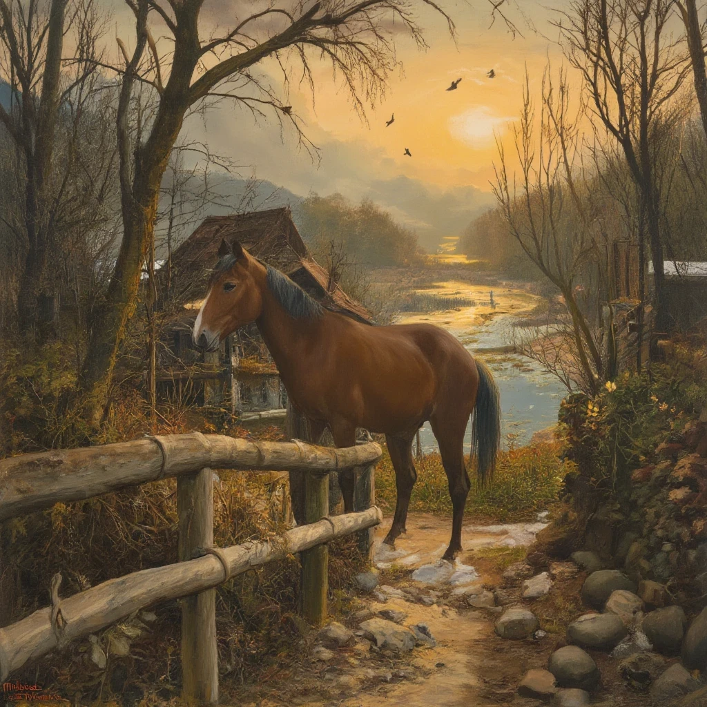masterpiece, high quality, high resolution,8k, chinese painting ,, Withered vines, aged ((trees)), dusk ((crows)) cawing free,, ((a small bridge)), flowing water, (((a humble dwelling))), (a horse:1.6),, Westward blows the chilly wind on ((an ancient path)),, As the sun sets, my heart aches with a lonely wrath,,