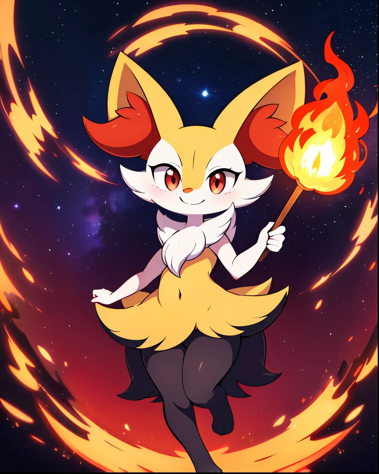 real e621, photorealistic, masterpiece, Braixen_(pokemon), looking at viewer, sharp red eyes, full body portrait, sweet smile, humanoid furry body, sexy, sexy pose, full body, female charm, smiling, nigh sky, brilliant stars night field as background, magic stick on right hand, conjuring fire magic, smug