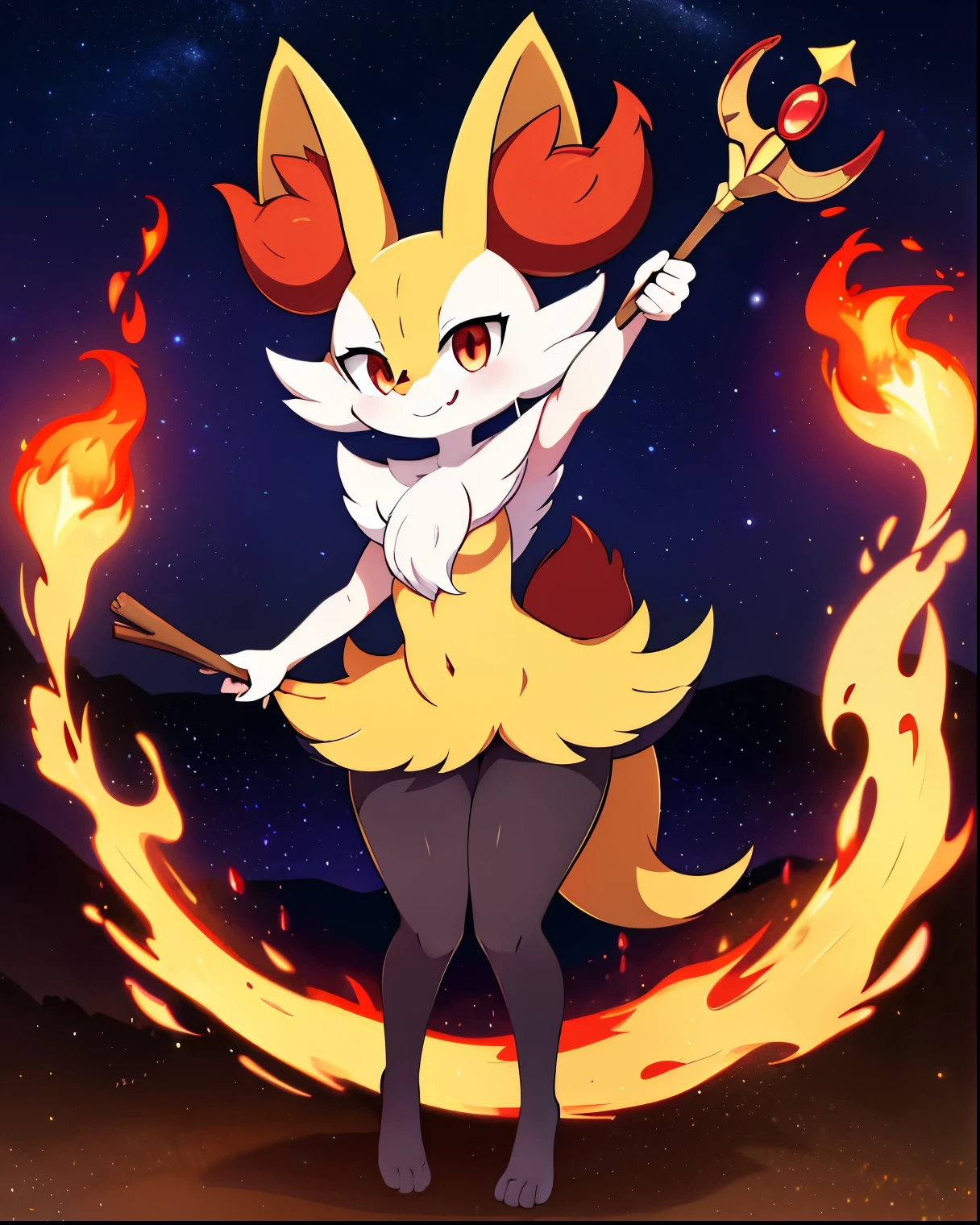 real e621, photorealistic, masterpiece, Braixen_(pokemon), looking at viewer, sharp red eyes, full body portrait, sweet smile, humanoid furry body, sexy, sexy pose, full body, female charm, smiling, nigh sky, brilliant stars night field as background, magic stick on right hand, conjuring fire magic, smug