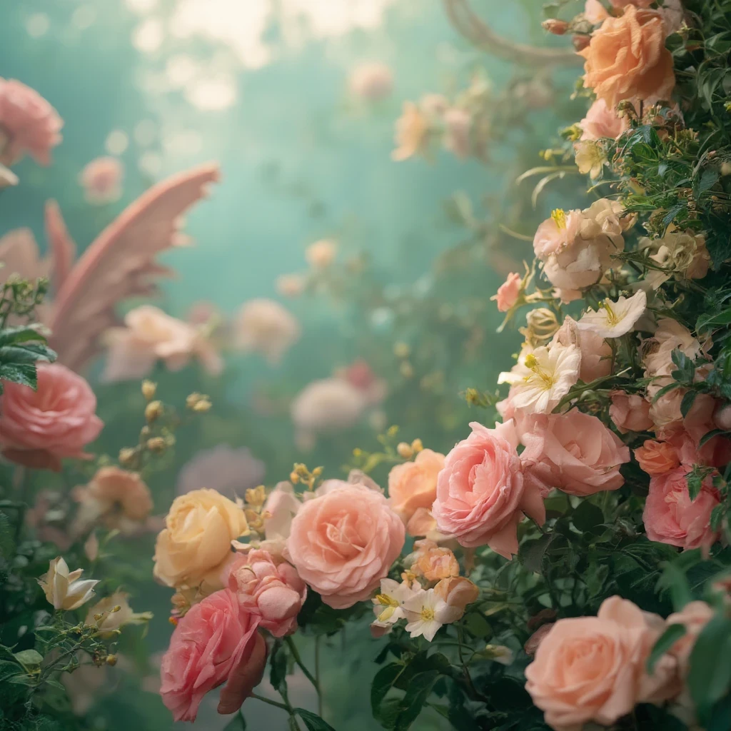 Whimsical fantasy elegant rose floral botany minimalism with a wave of flowers garden flowing flowers floating in hazy pastel pink, aqua green, pastel apricot, smoke fractal, moody and massively realistic flowers, octane rendering, Josephine wall art, Isabel Menin, Jean, Amy brown  