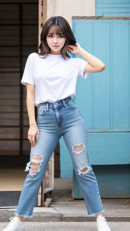 22 years old, girl, white stripes t-shirt, blue skinny jeans, black hair, indonesian girl, smile, with sneaker, university