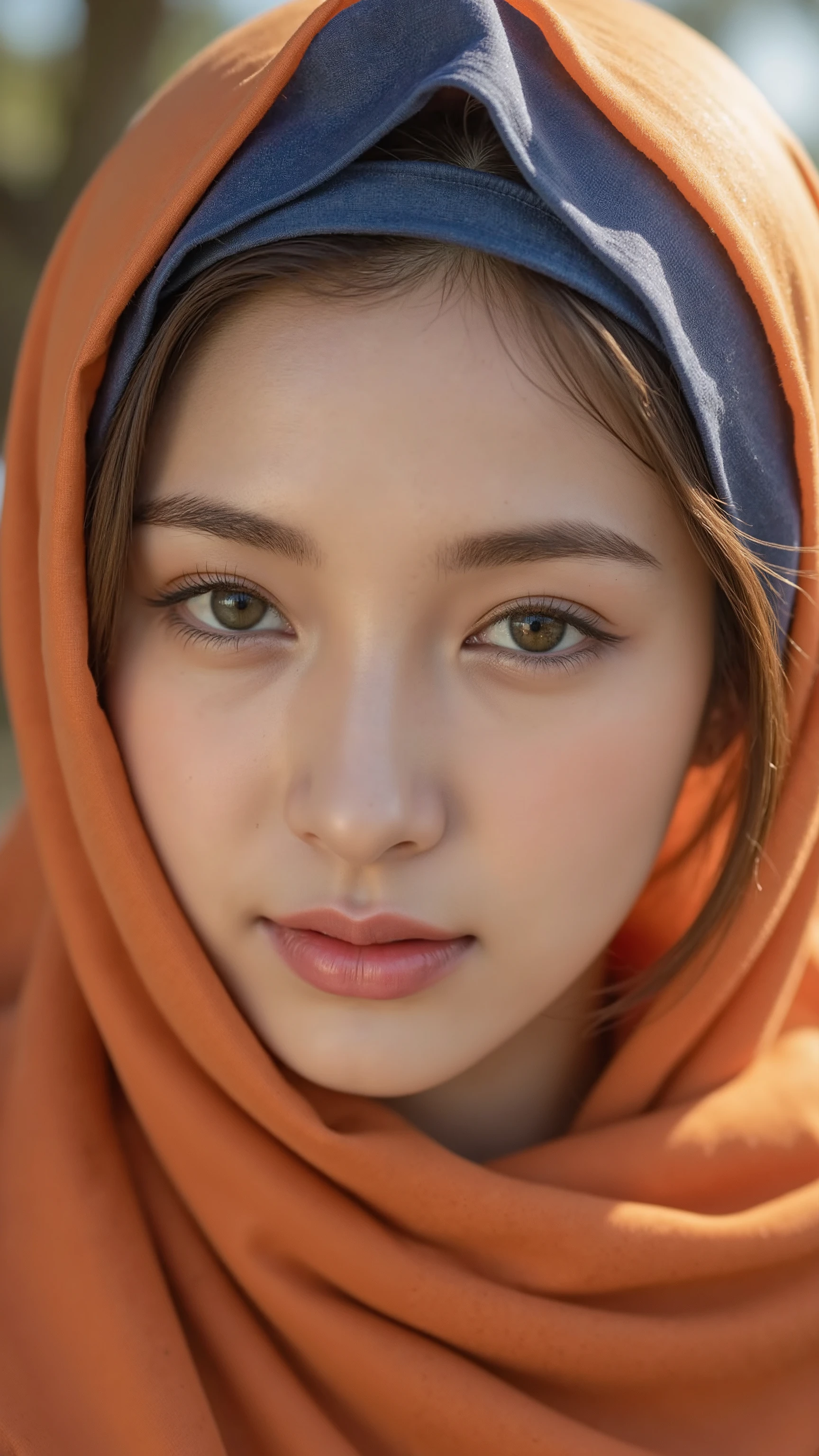 A close-up photograph of a young woman with light skin, green eyes, and full lips, set against a blurred, sunlit background. She wears a vibrant orange and blue headscarf, with the blue fabric draping over her forehead and the orange cascading down her shoulders. Her makeup is subtle, highlighting her natural beauty. The lighting accentuates her smooth skin and the rich colors of her attire.