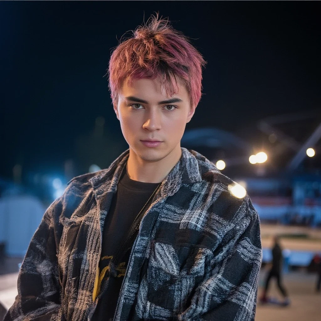 duskspider, illustration, 1boy, male focus, Hideto Mastumoto, hide from X-japan, japanese rock star, the pink spider, bokeh, brown_eyes, closed_mouth, cosplay_photo, depth_of_field, figure, film_grain, focused, jacket, looking_at_viewer, plaid, plaid_shirt, spiked_hair, stadium, unconventional_media, white_background, eyeliner, brown eyes, PINK HAIR, solo, looking_at_viewer, emotional, highly detailed, wide shot,art by artgerm,