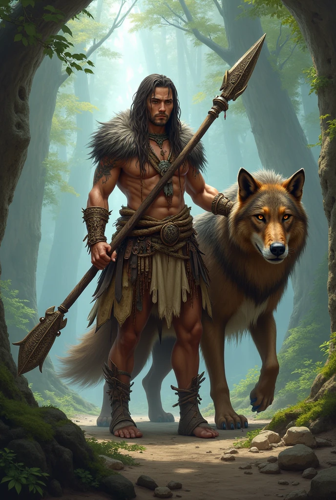 A wild-looking man wearing a fur tunic, with a strong build, black hair, and deep-set eyes, wielding an axe in his right hand, with a wolf nearby.