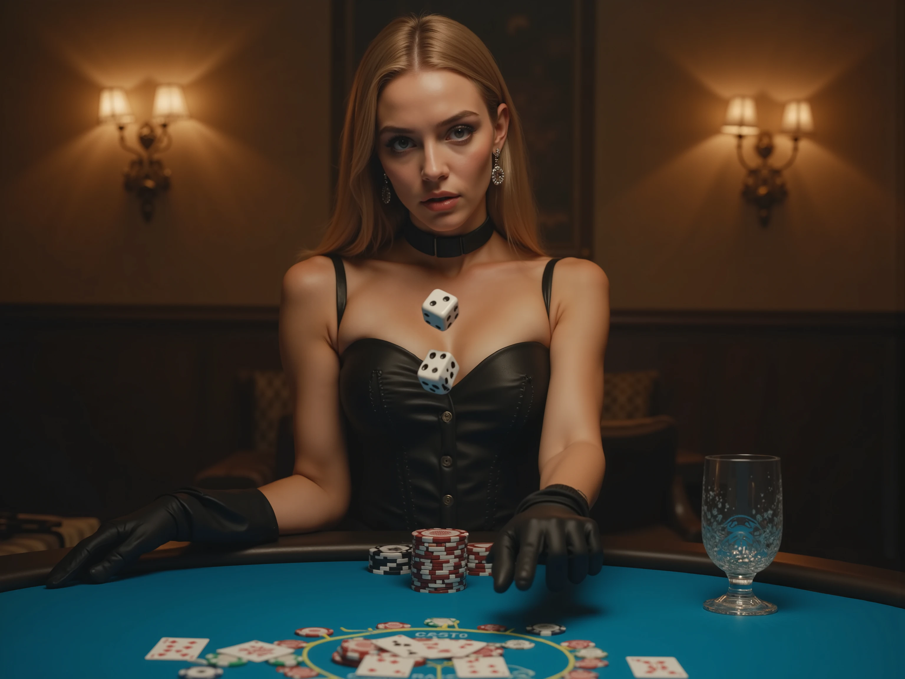quality and details :
(8k, HD, ultra-detailed , photorealistic, masterpiece: 1.3), ( dramatic lighting , soft textures , cinematic atmosphere ).
scene and lighting :
In a smoky back room of an illegal casino, a woman drops two 10-sided dice from her hand onto a poker table — a bright blue with sex positions, the other knows .
The focus is on the moment , in which the cubes are out of their hand Glide and float just above the table , While cards , chips and glasses enliven the scene .
The woman is well lit : concealed , warm Spotlights immerse them in a golden light , that sets her apart from the smoky background .
character and atmosphere :
The woman is wearing a stylish cyber- Western-inspired outfit with a modern twist — a tight corset , plus a matching collar and elegant gloves .
Her gaze is concentrated , controls her posture casually , yet , as she drops the dice .
Stil und Inspiration:
An exciting , Realistic scene, which combines the dynamics of the cubes with the mysterious , smoky atmosphere of a secret game . Every moment is full of details , from the falling cubes to their stylish appearance .