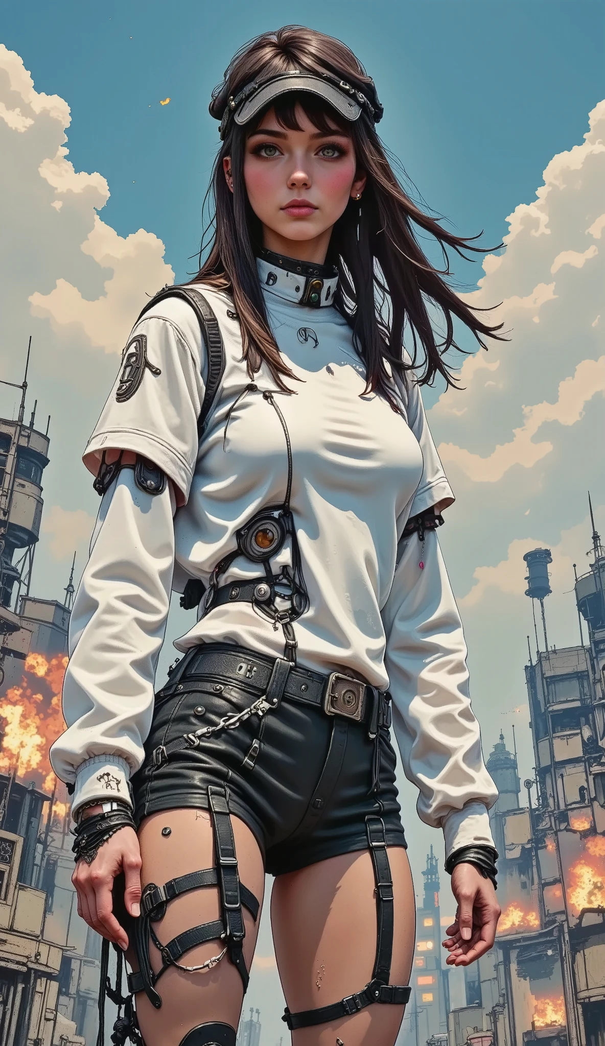 long shot,  general plan ,  full body :1.3, ( masterpiece,  envelopes),  A young woman of breathtaking beauty and long hair .,  resolution, radiant hair flowing in various punk-style colors is captured in an intricately detailed illustration...  She wears a leather pilot hat adorned with intricate ornaments ., leather clothing adorned with numerous metal decorations., and punk-inspired outfits . Her dynamic and sensual pose .,  Her captivating expression fixes directly to the camera ,  radiates confidence and attractiveness .

El telón de fondo es una  masterpiece de destrucción.,  Represented with the finest details and highest resolution ..  The epic lighting illuminates the scene ., Casting dramatic shadows as explosions pierce the air with 8k 