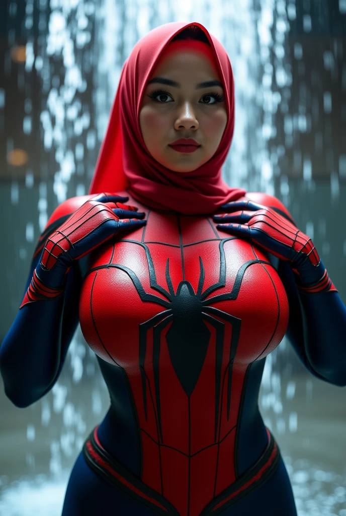 Malay girl wears an spideman mech 。light ble and pink spiderman suit ((cameltoe)) A smile Constriction Gorgeous curvy body aggressive pose Nice chest of drawers wear hijab klcc Marvel sit on top of building thunderstorm sky spider web