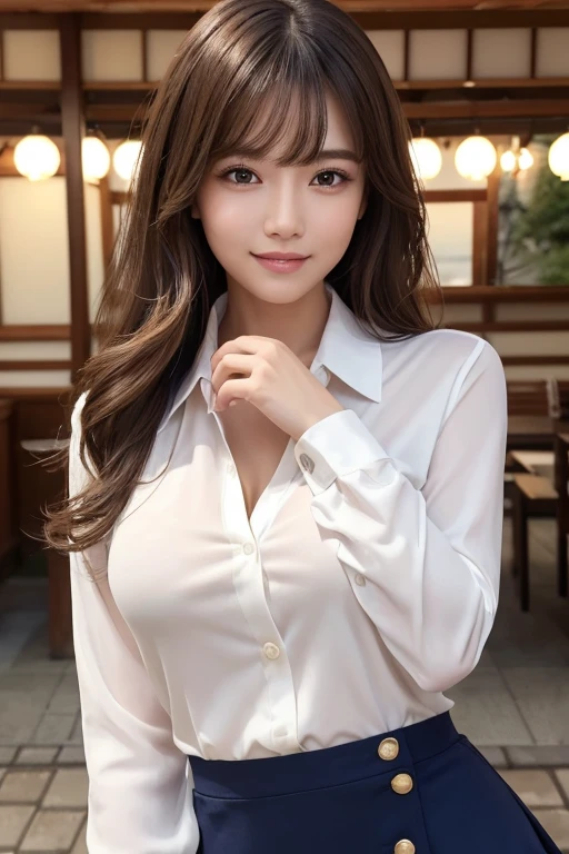 Ultra-high resolution, Superior Quality, Highest quality, Very detailed, Realistic, 8K, RAW Photos, Highest quality, masterpiece, Attractive girl, Awesome girl, Brown Hair, ponytail, Asymmetrical bangs, Ｊ-POP Idol, Sophisticated, stylish, White blouse,Luxury hotel lounge, see-through、Black underwear is visible、smile:1.1